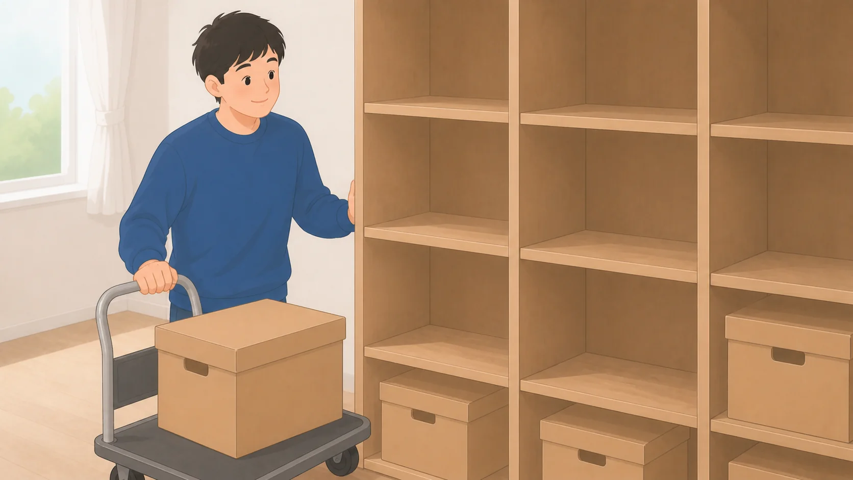 トランクルームを1ヶ月だけ借りるなら？短期利用できる2社と料金比較の荷物を取り出して状態を確認するイラスト