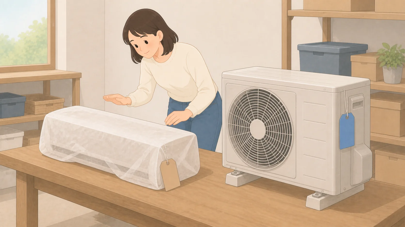 建て替え中のエアコンはどこに保管する?取り外しから再設置まで解説で大きさや保管条件を確認するイラスト