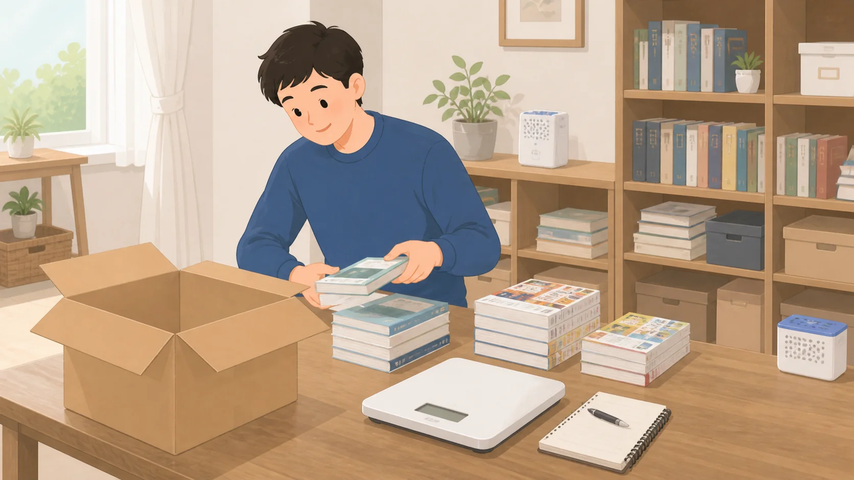 本・漫画の保管は宅配型収納が有利｜1箱あたりの料金と取り出し送料の荷物を整理して預けるイラスト