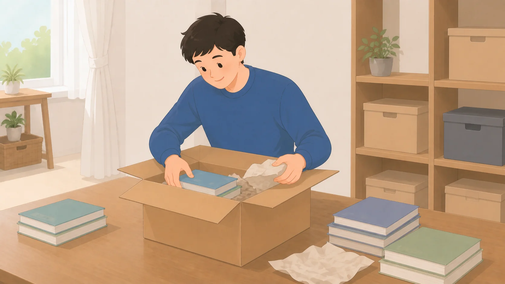 本・漫画の保管は宅配型収納が有利｜1箱あたりの料金と取り出し送料の荷物を取り出して状態を確認するイラスト