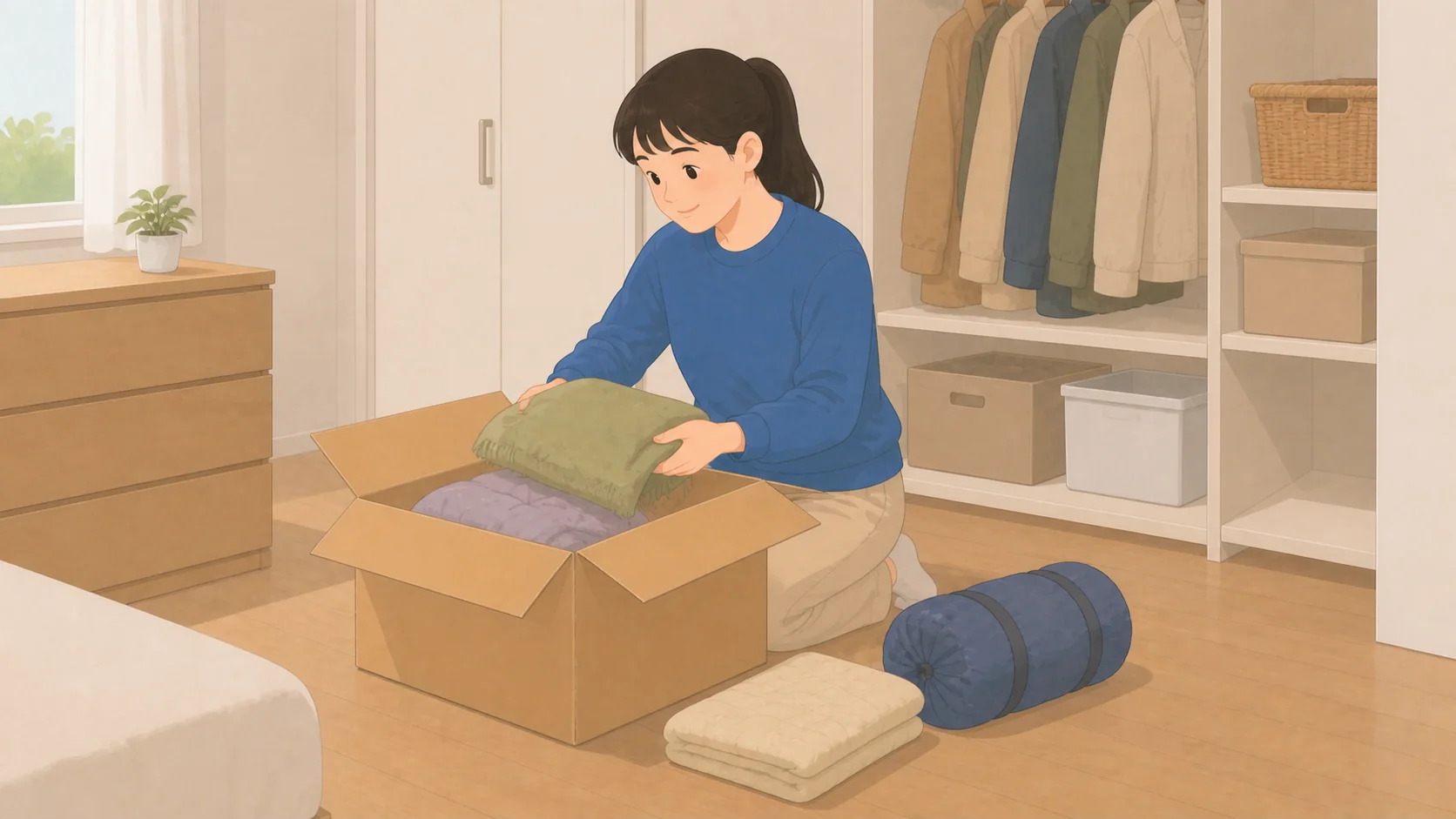 賃貸の収納不足を解決する預け先｜月額と取り出し費用の荷物を整理して預けるイラスト