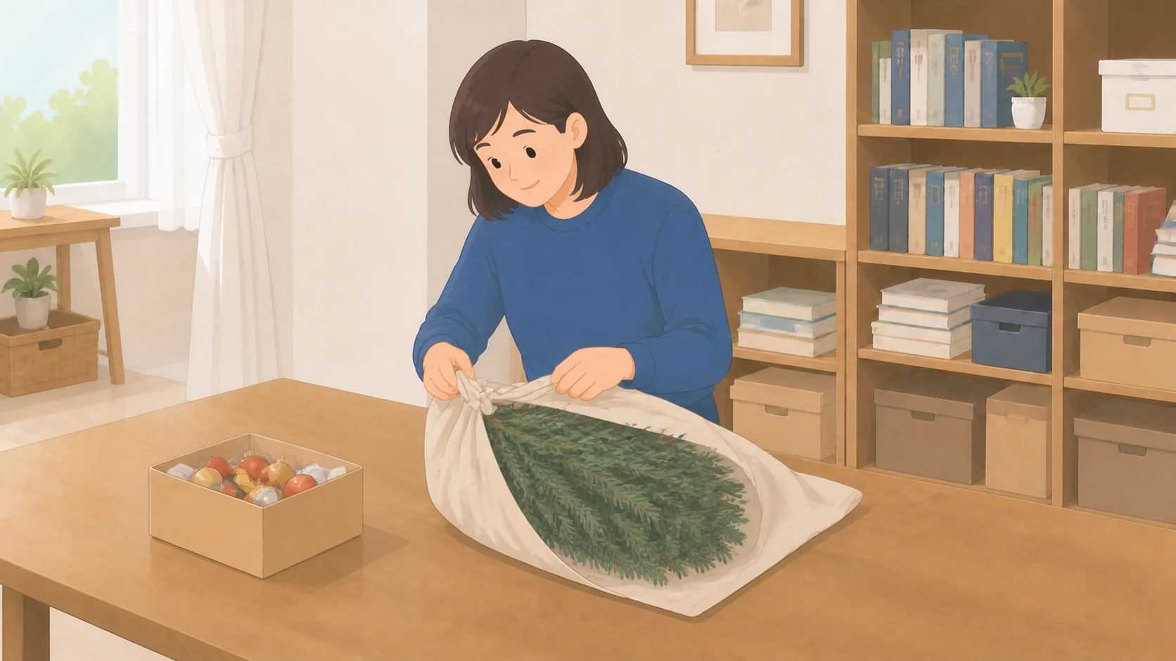 クリスマスツリーの保管はどこに預ける？高さ別の料金の荷物を整理して預けるイラスト