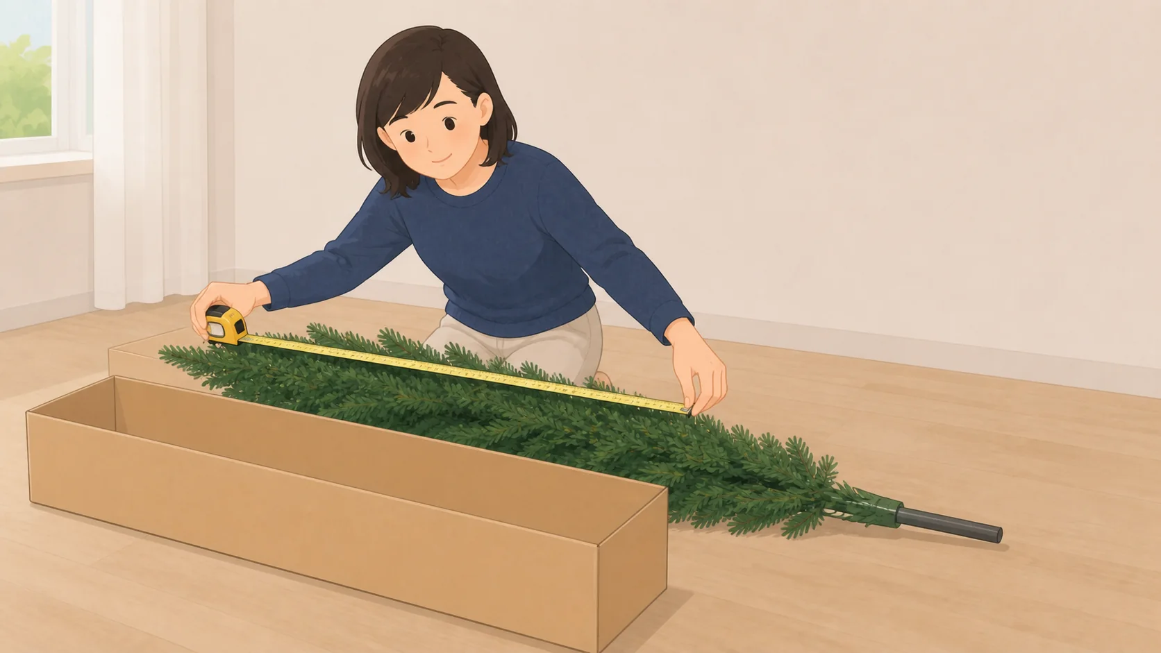 クリスマスツリーの保管はどこに預ける？高さ別の料金で大きさや保管条件を確認するイラスト