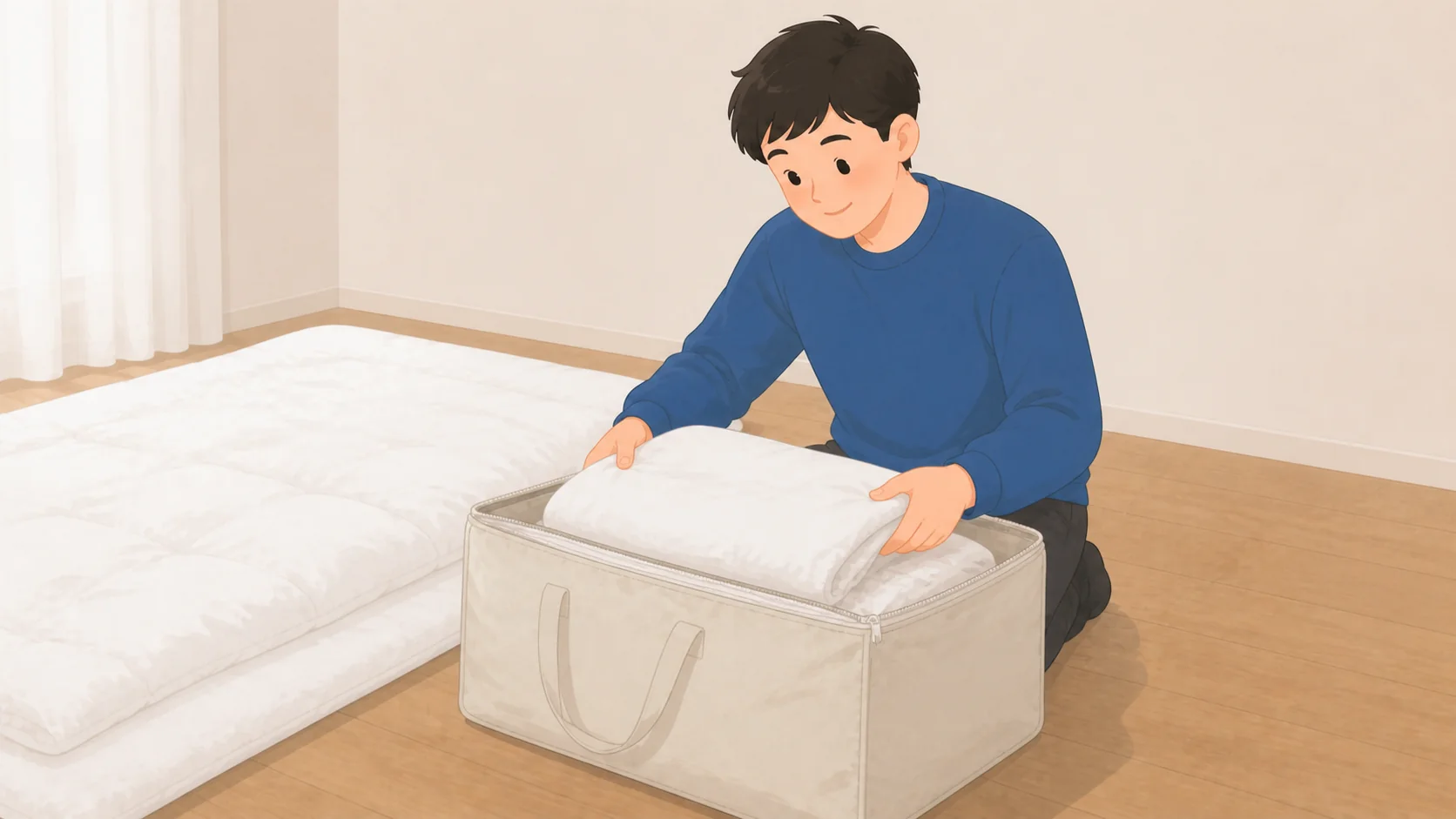 布団の保管はどこに預ける？宅配型収納の料金と湿気対策の荷物を整理して預けるイラスト