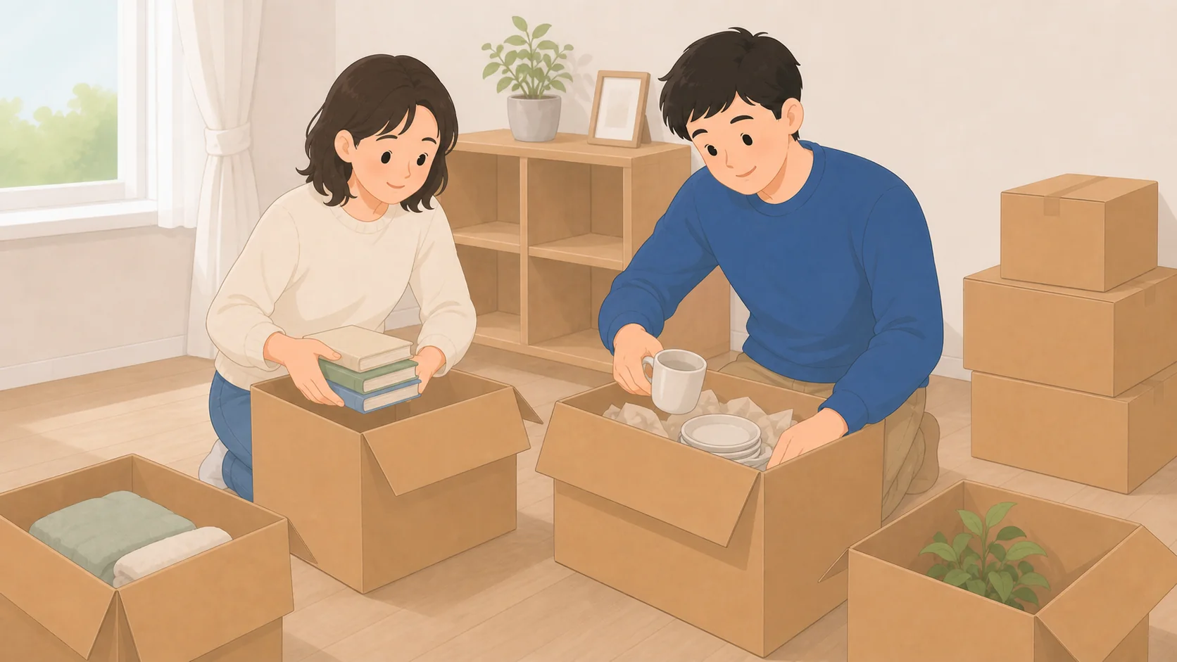 引っ越しの一時保管はどこに預ける？1〜2か月の総額比較の荷物を取り出して状態を確認するイラスト