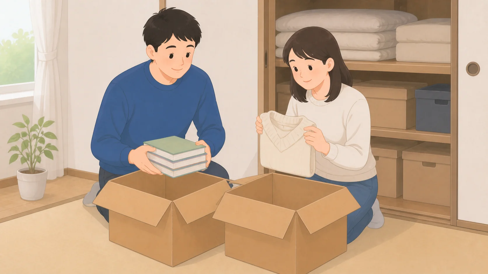 実家の片付けで出た荷物の預け先｜費用と期間の考え方の荷物を整理して預けるイラスト