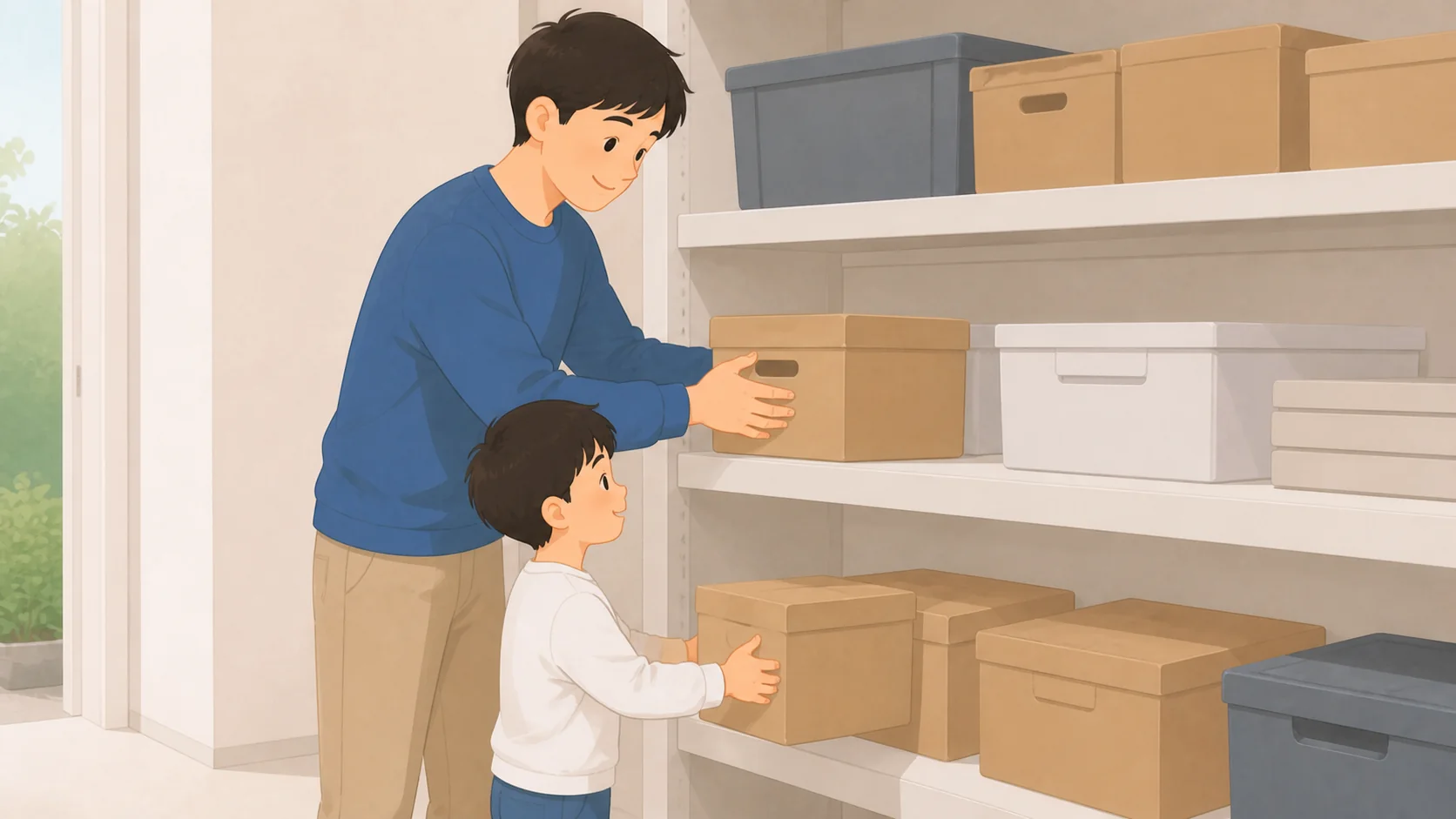 実家の片付けで出た荷物の預け先｜費用と期間の考え方の荷物を取り出して状態を確認するイラスト