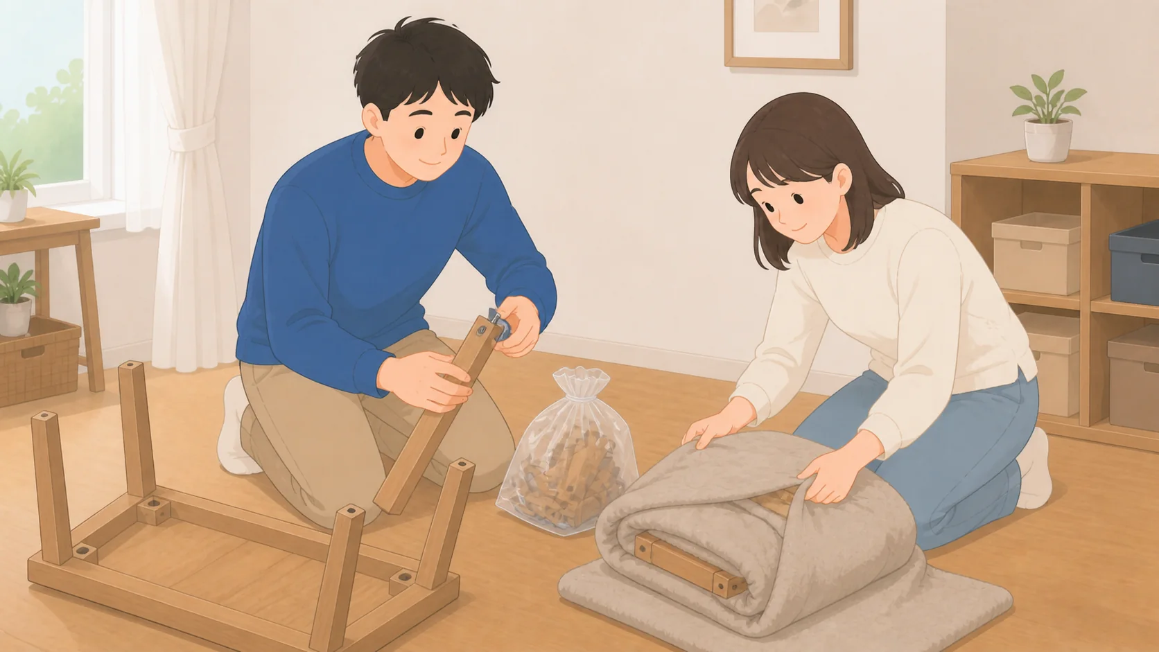 家具の保管はどこに預ける？必要な広さと1年の総額比較の荷物を整理して預けるイラスト
