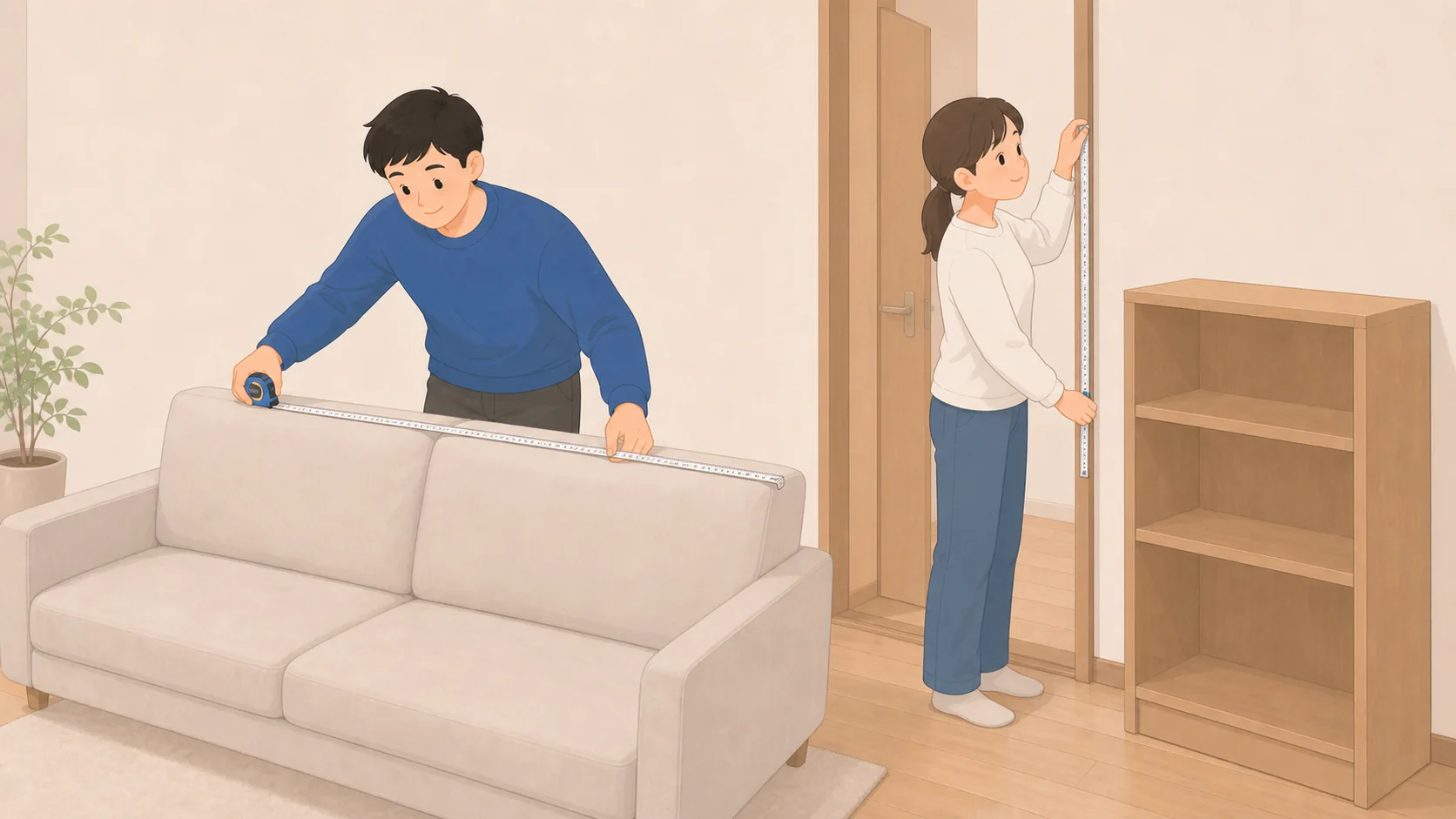 家具の保管はどこに預ける？必要な広さと1年の総額比較で大きさや保管条件を確認するイラスト