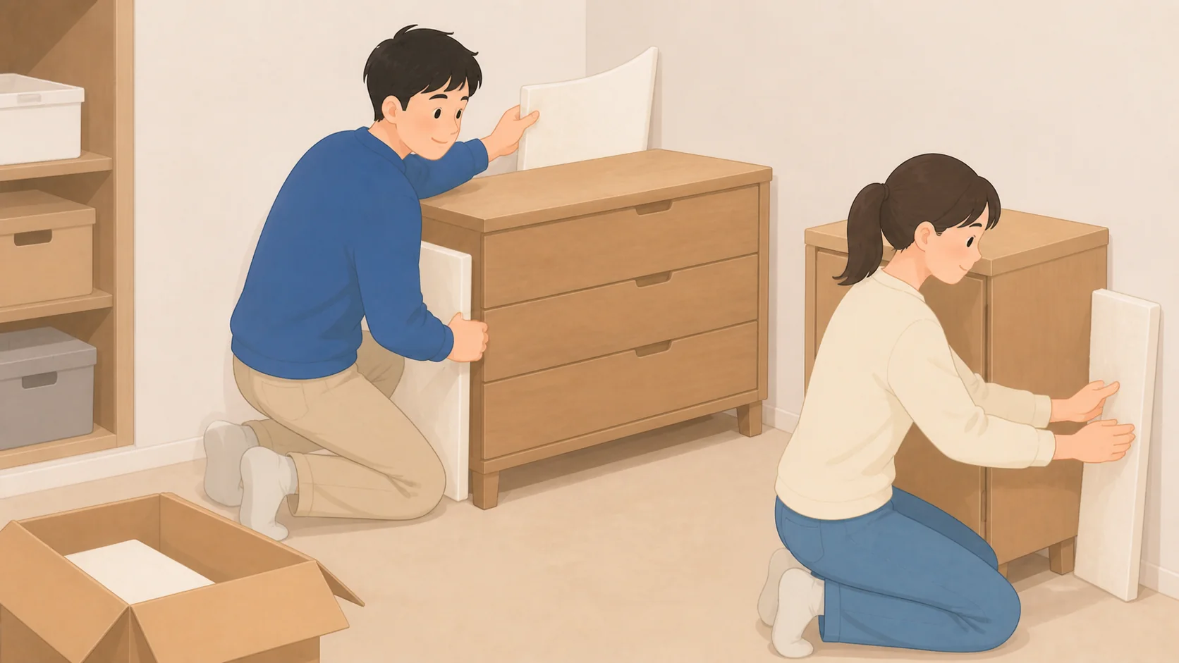 家具の保管はどこに預ける？必要な広さと1年の総額比較の荷物を取り出して状態を確認するイラスト
