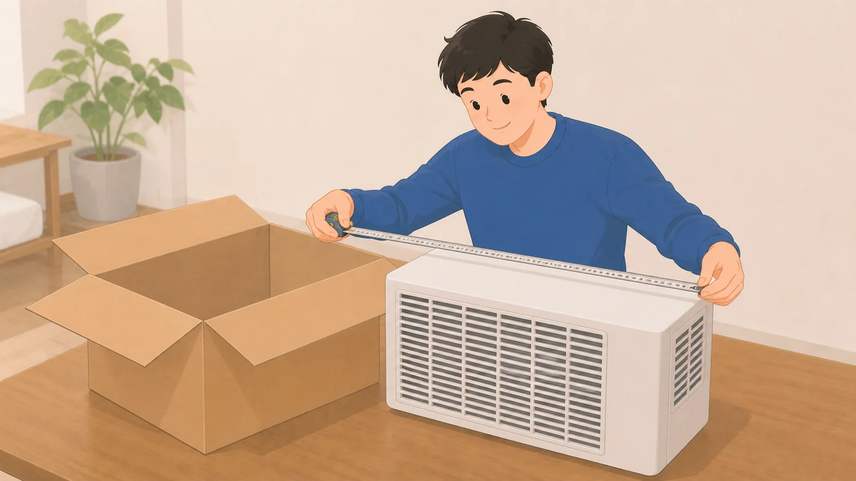 扇風機・ヒーターなど季節家電の保管｜1年の総額比較の荷物を取り出して状態を確認するイラスト