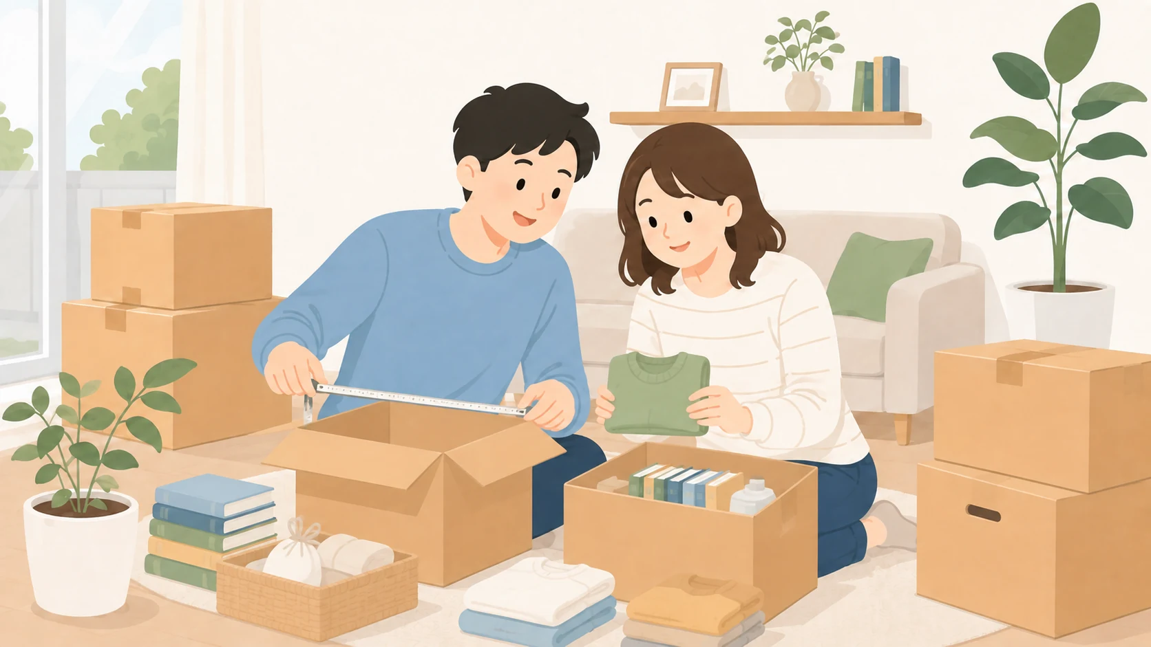 minikuraとサマリーポケットを比較|料金・箱サイズ・取り出し費用の違いの荷物を整理して預けるイラスト