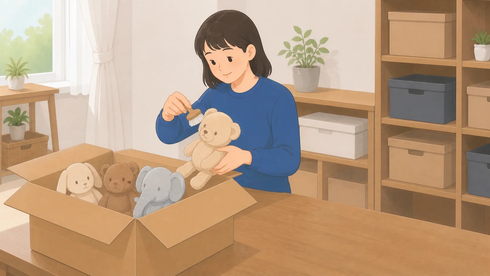 ぬいぐるみの保管方法と預け先｜写真管理できる宅配型収納の料金の荷物を整理して預けるイラスト