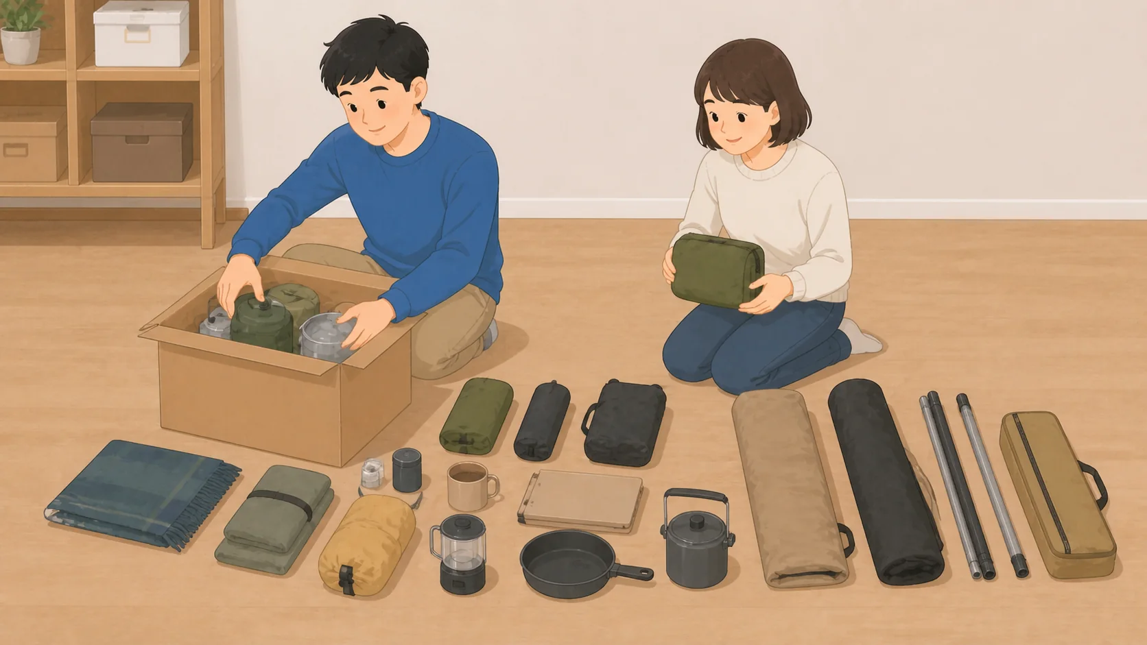 アウトドア・キャンプ用品の保管｜必要な広さと料金比較で大きさや保管条件を確認するイラスト