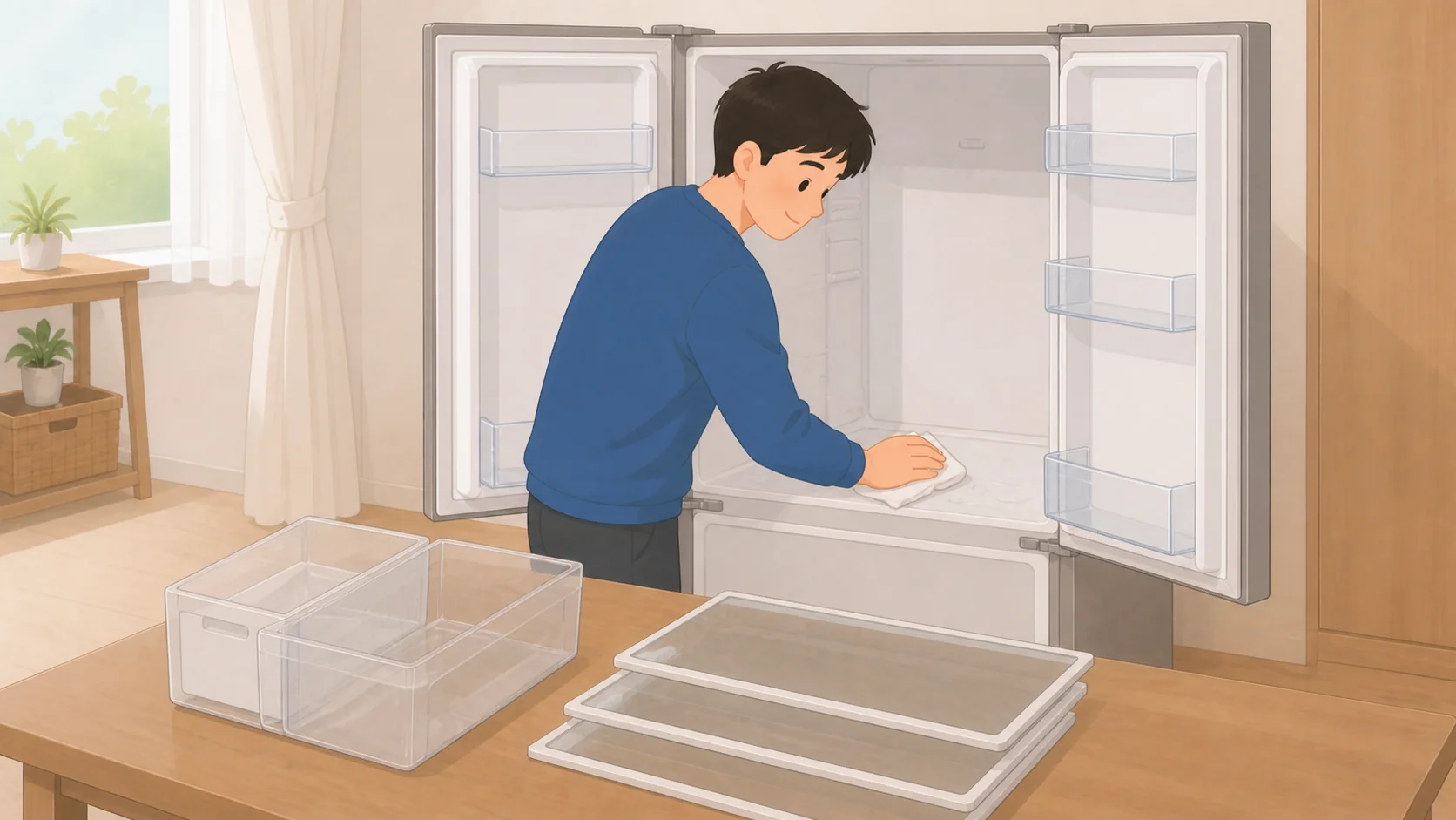 冷蔵庫の保管はどこに預ける？水漏れで断られるケースの荷物を整理して預けるイラスト
