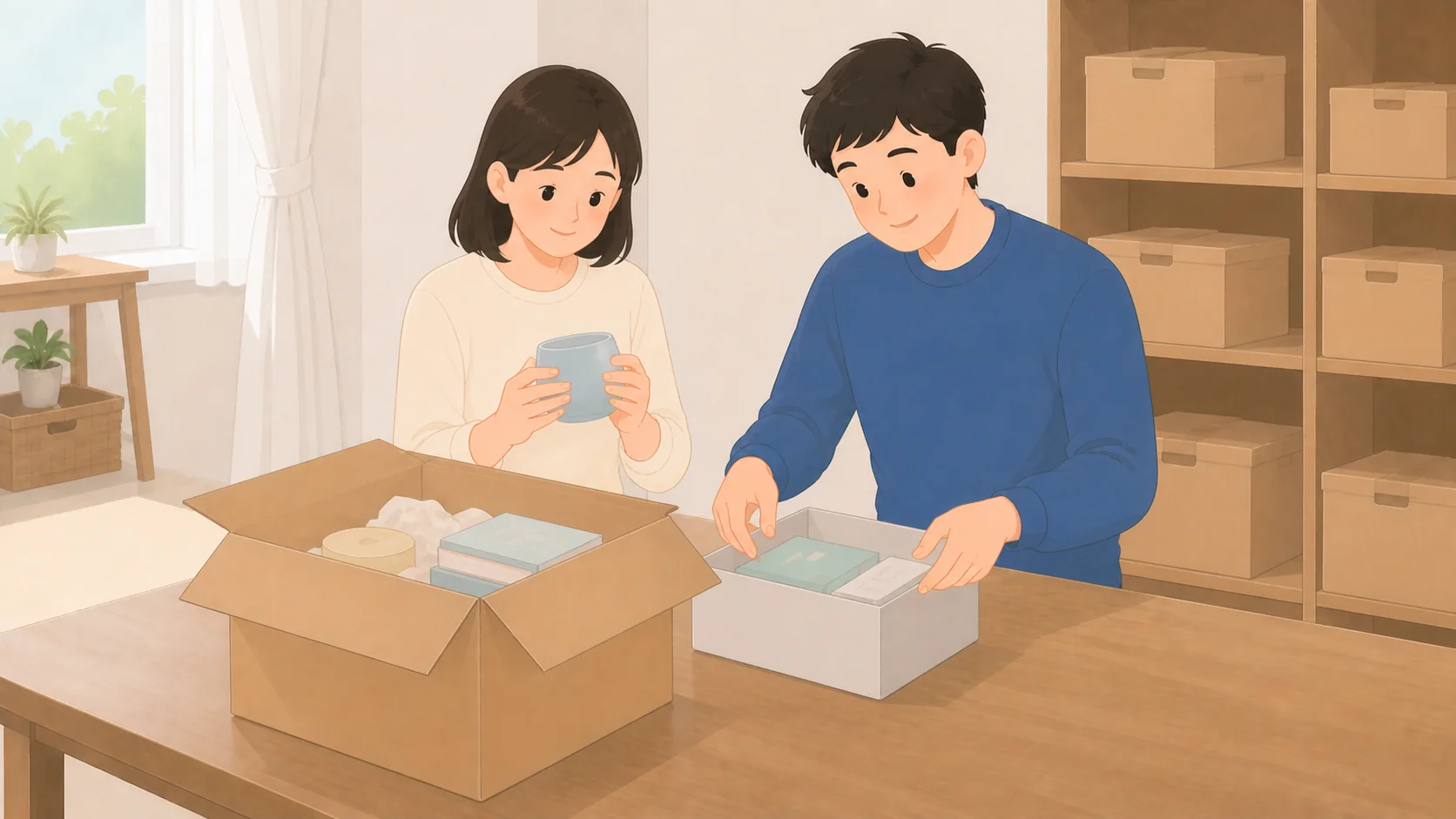 デリバリートランクの料金と評判｜リットル単位で払う宅配型収納から荷物を取り出して確認する説明イラスト