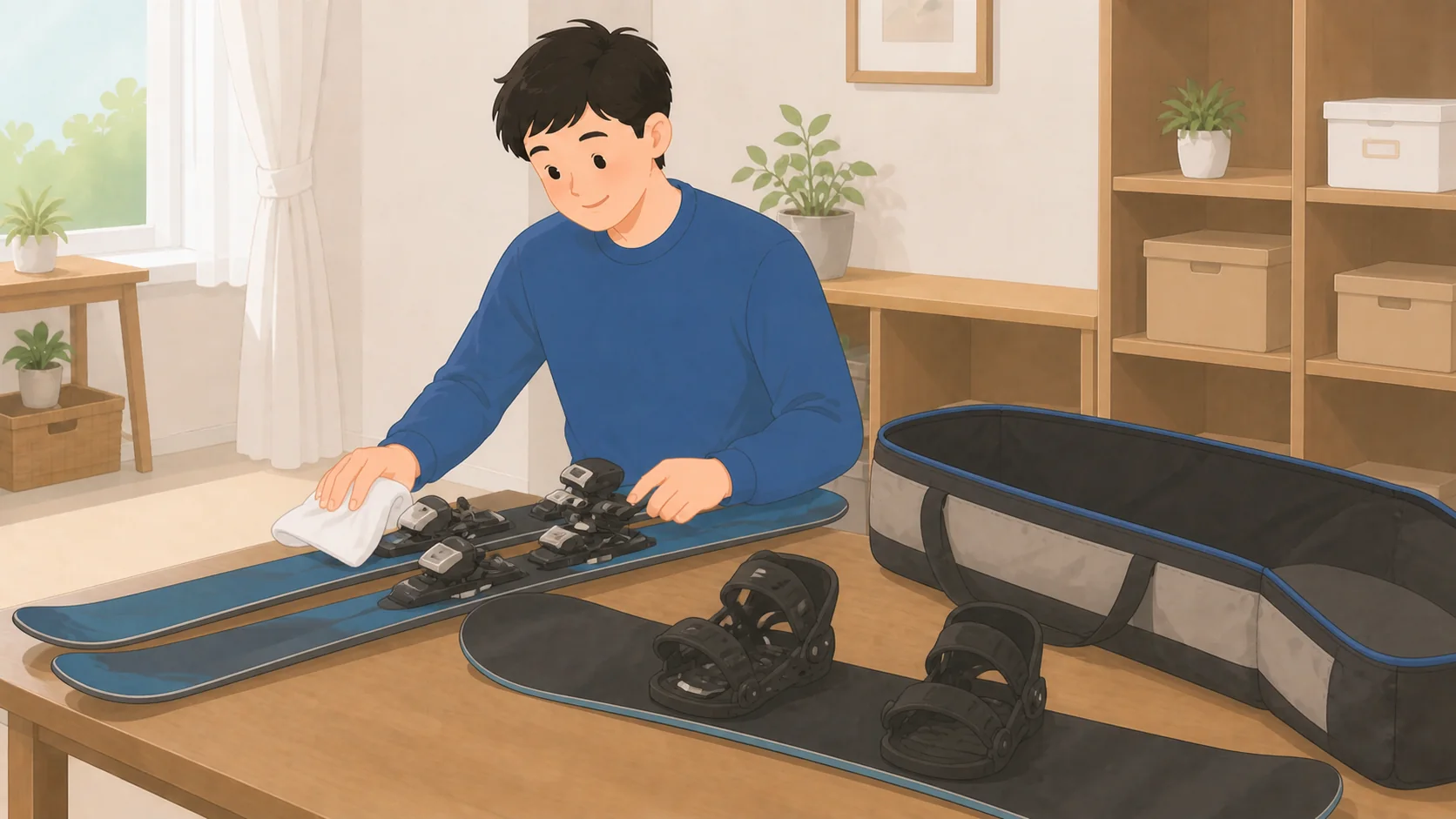 スキー・スノーボードの保管｜シーズンオフの預け先と料金の荷物を整理して預けるイラスト