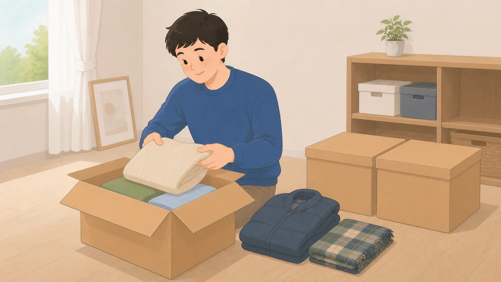 単身赴任で置いていく荷物の預け先｜2〜3年の総額比較の荷物を整理して預けるイラスト