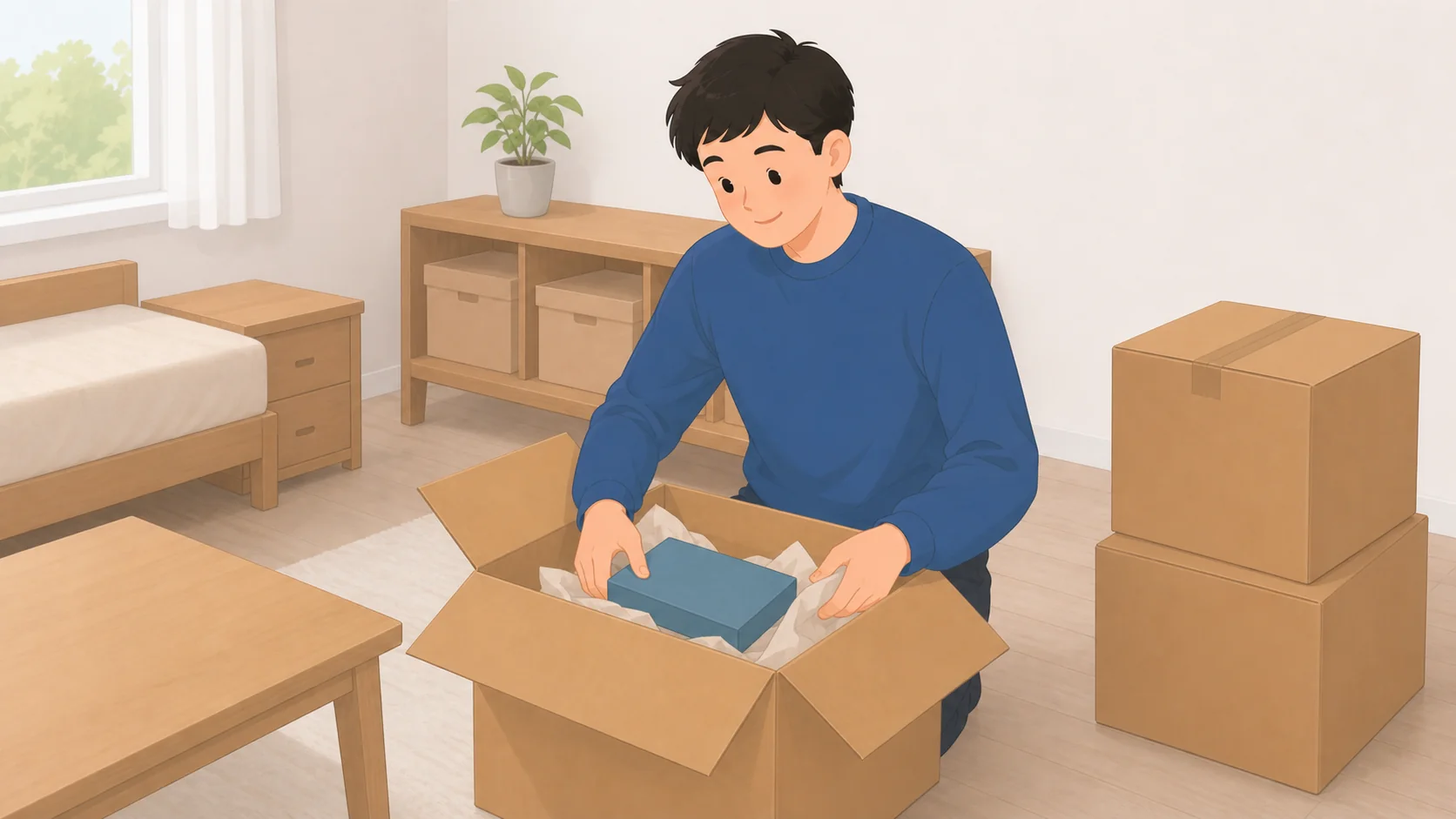 単身赴任で置いていく荷物の預け先｜2〜3年の総額比較の荷物を取り出して状態を確認するイラスト