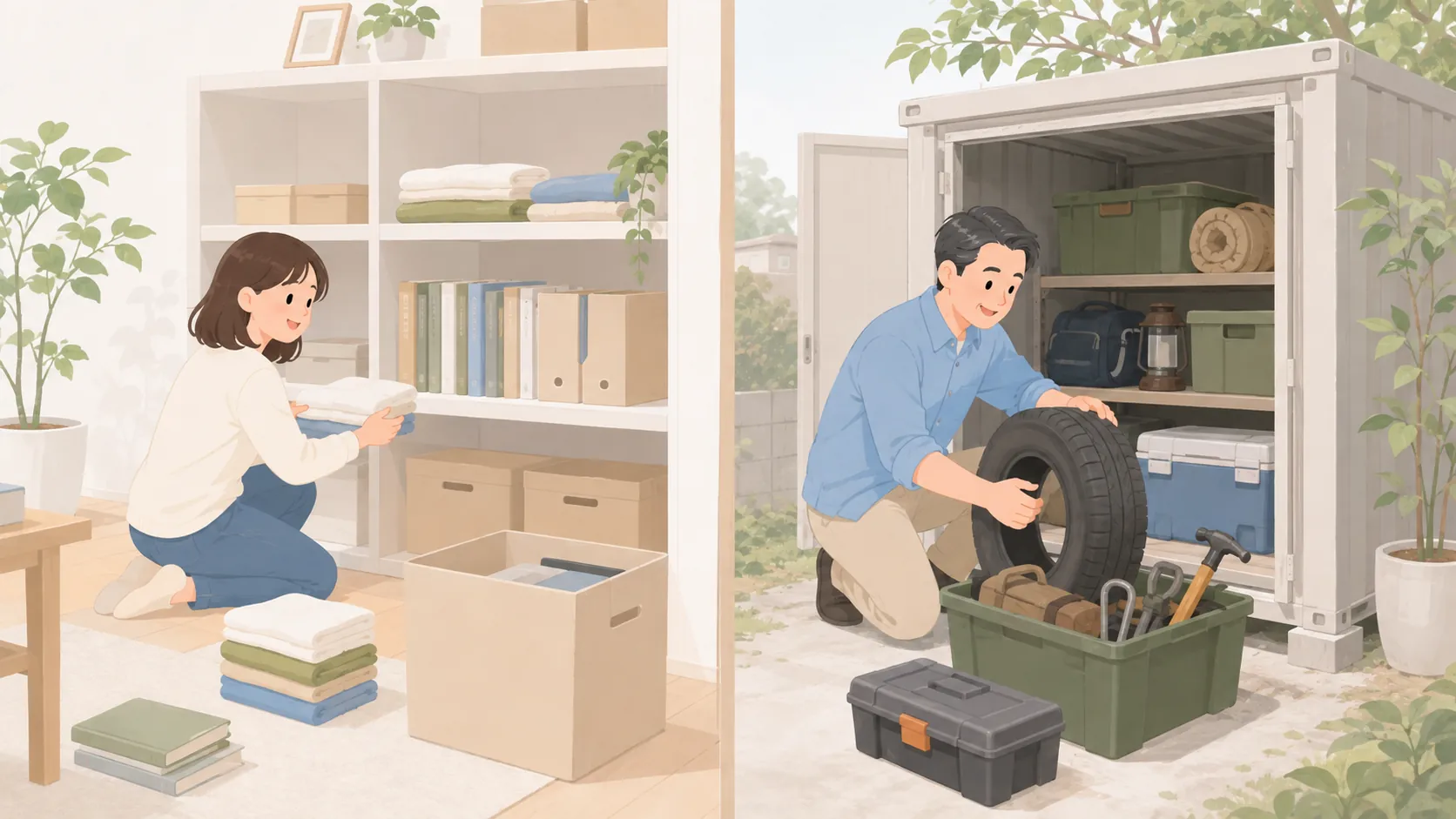 屋内型と屋外型のトランクルームはどっち?10市区の料金差と荷物別の選び方の荷物を整理して預けるイラスト