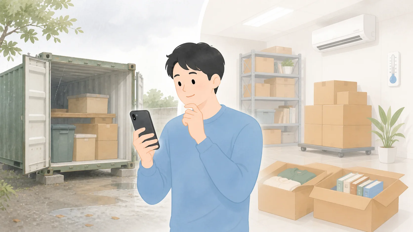 トランクルームの湿気・カビ対策|預ける前・保管中にやることで大きさや保管条件を確認するイラスト
