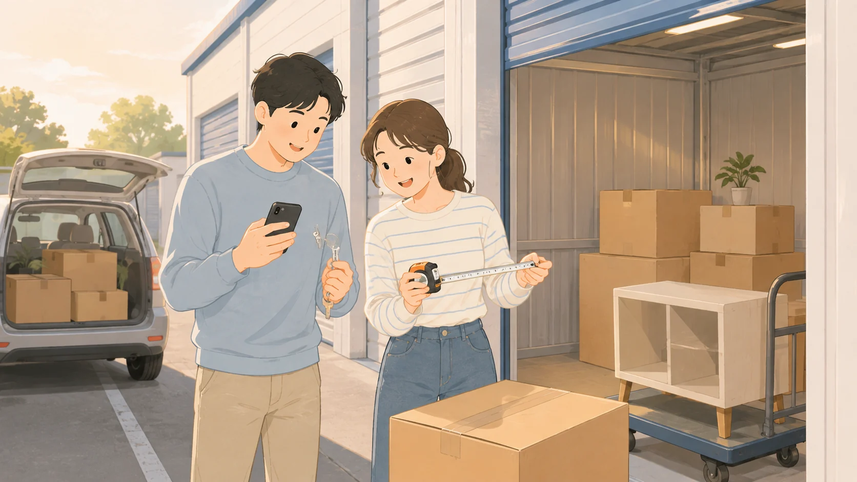 トランクルームは即日利用できる?当日契約の条件・必要書類・鍵の受け取りの荷物を取り出して状態を確認するイラスト
