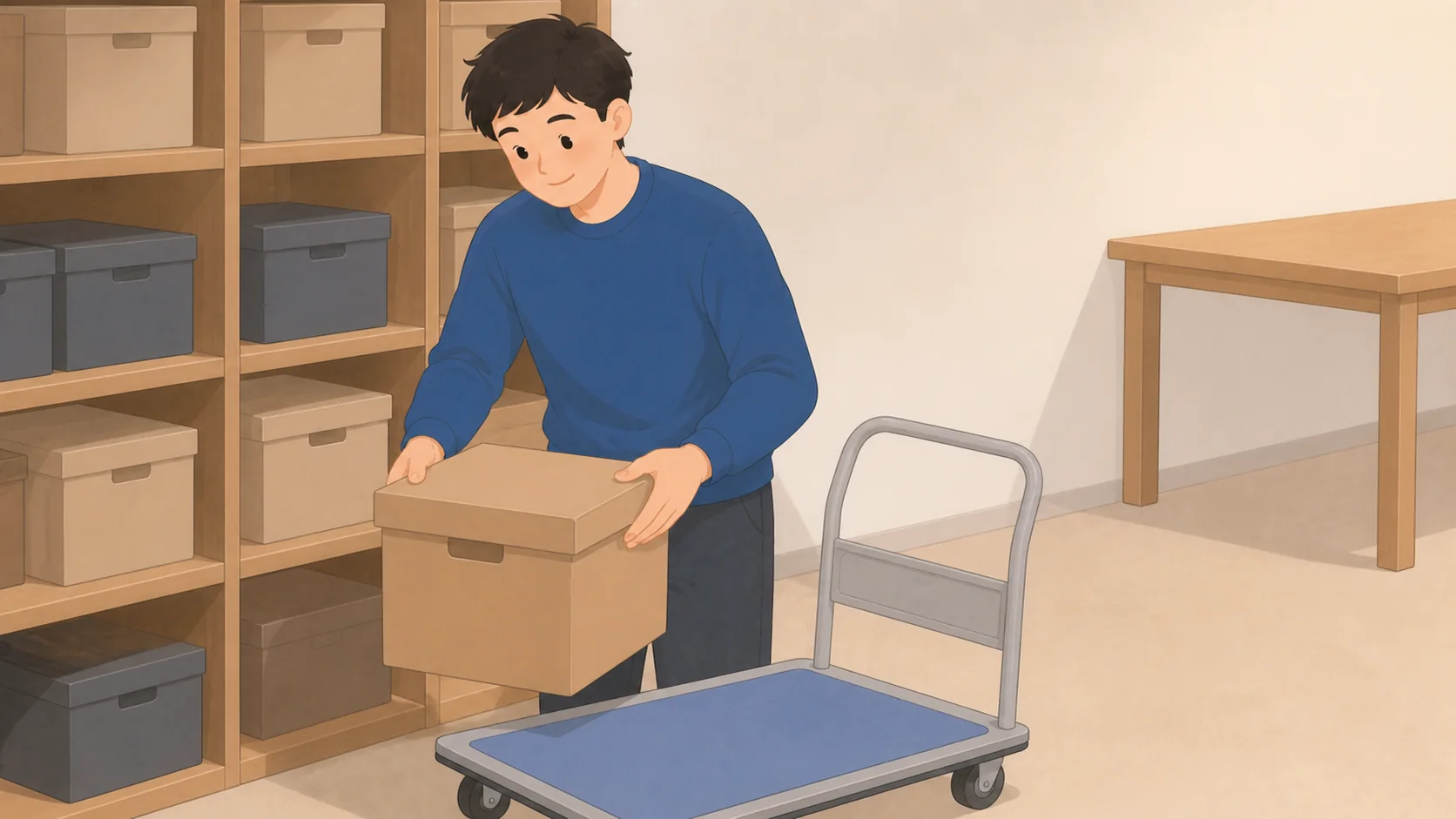 個人事業の在庫・道具の保管場所｜月額と出し入れのしやすさの荷物を取り出して状態を確認するイラスト
