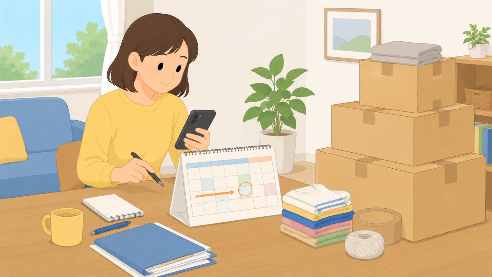 カレンダーを見ながらスマホで契約期間を確認している女性のイラスト