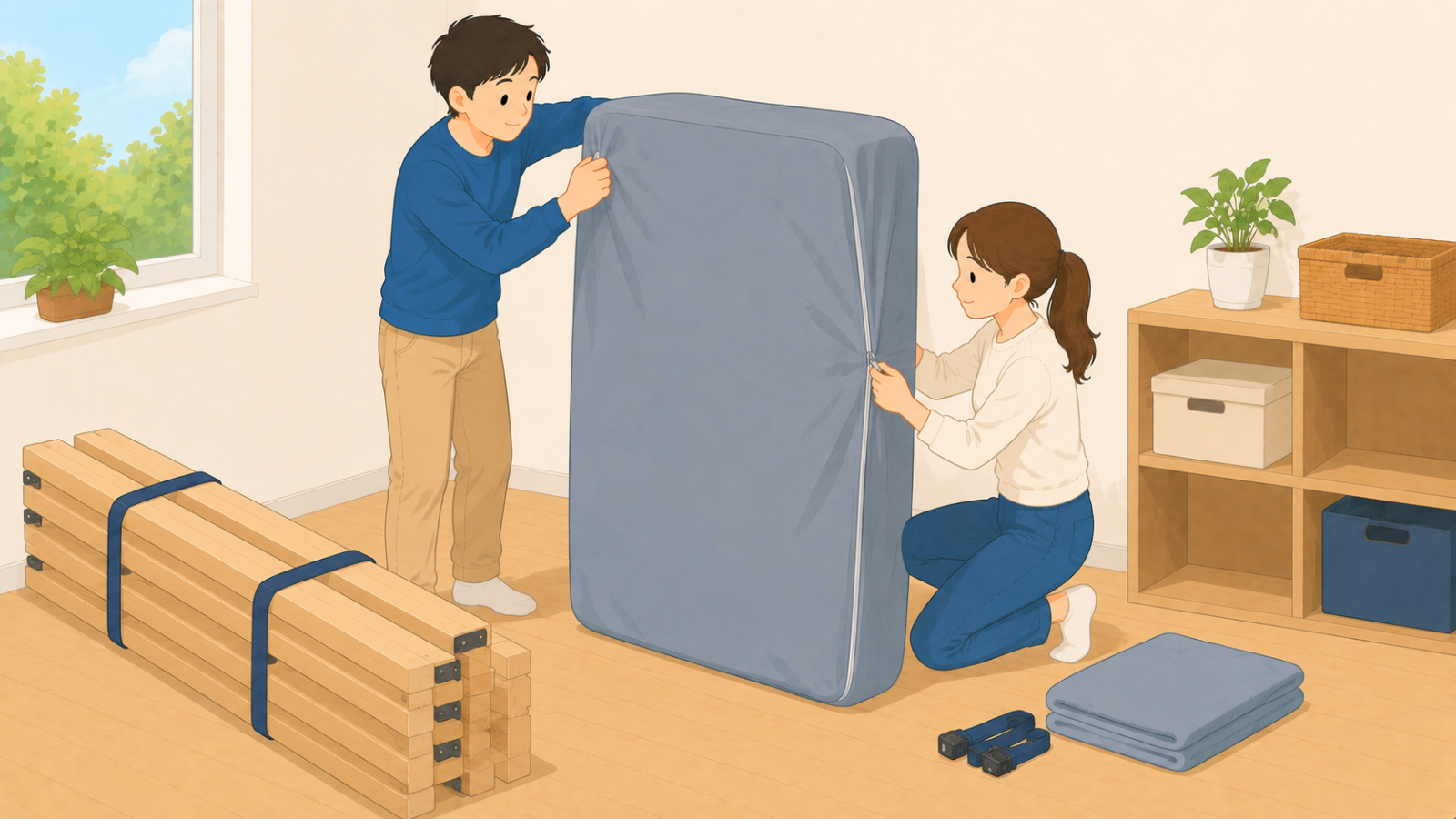 マットレスを立ててカバーをかけ、分解したフレームの板をベルトでまとめている2人のイラスト