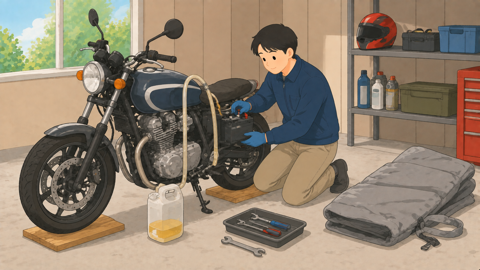 バイクのガソリンを抜いてバッテリーの端子を外し、タイヤの下に板を敷いている男性のイラスト