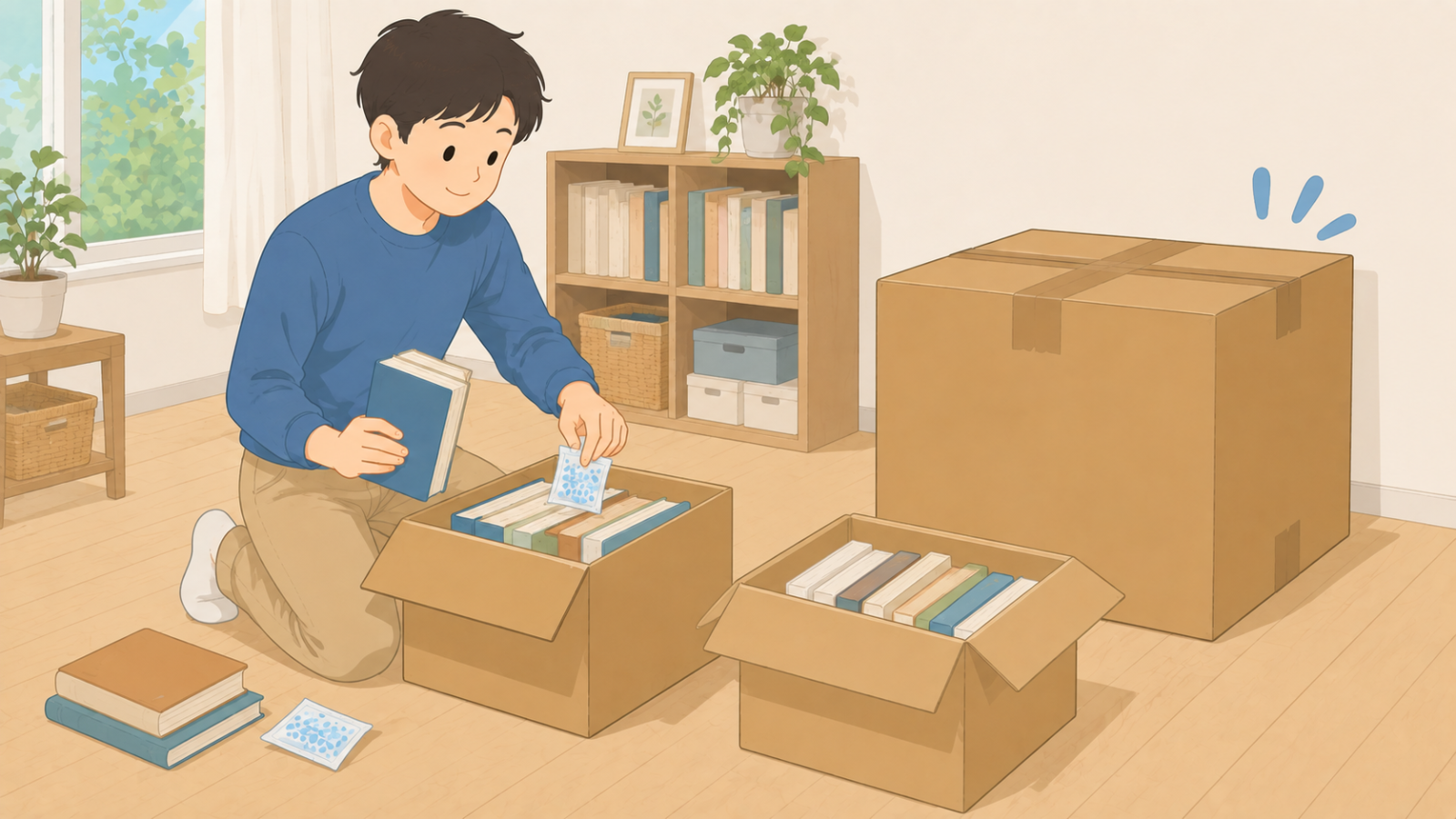 本を小さめの箱に分けて詰め、乾燥剤を入れている男性のイラスト