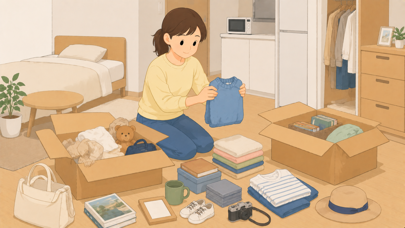 ワンルームで普段使わない荷物を選び分け、預ける分と残す分に分けている女性のイラスト