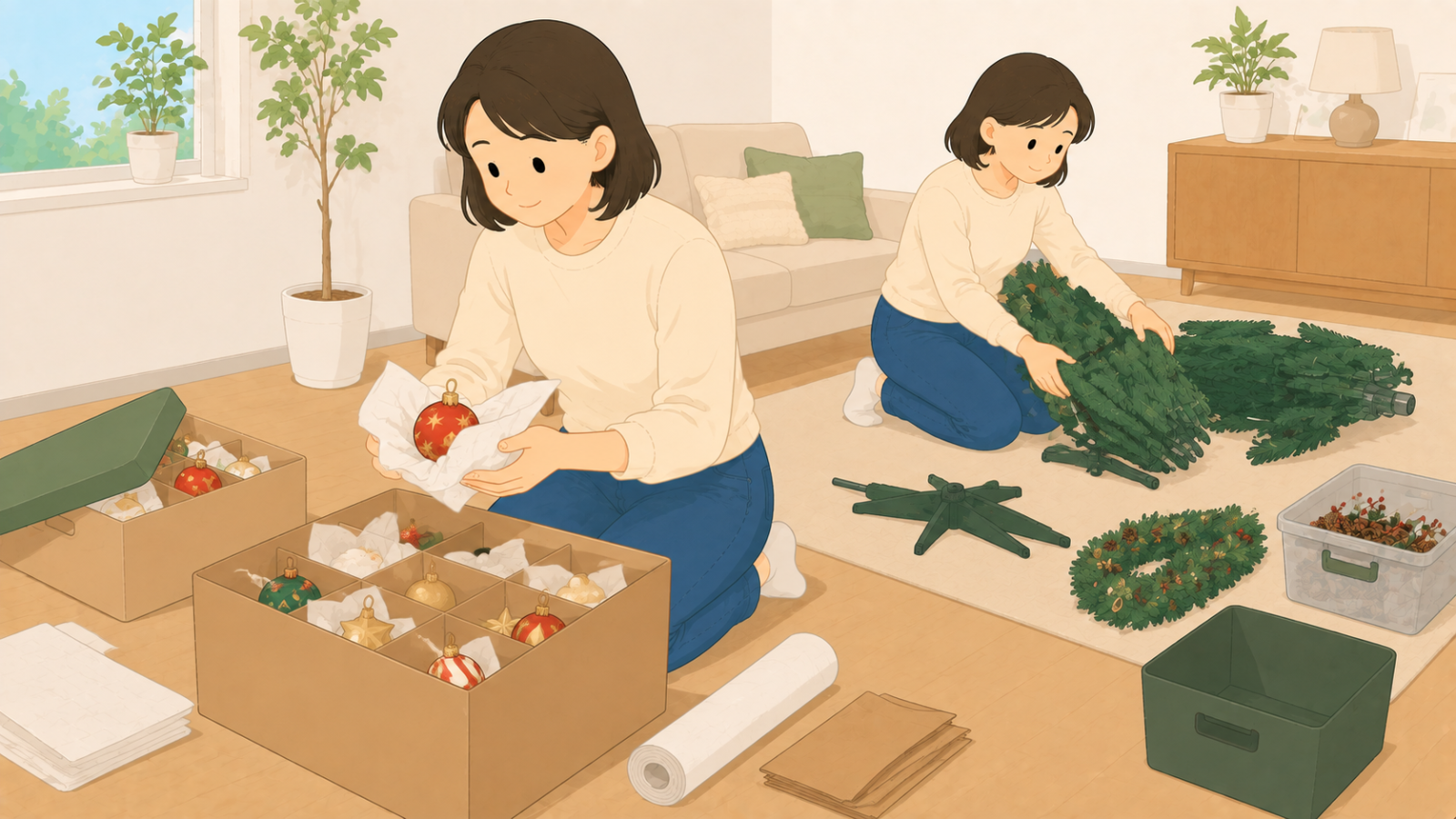 オーナメントを紙で包んで仕切りのある箱に入れ、ツリーの枝をたたんでいる女性のイラスト