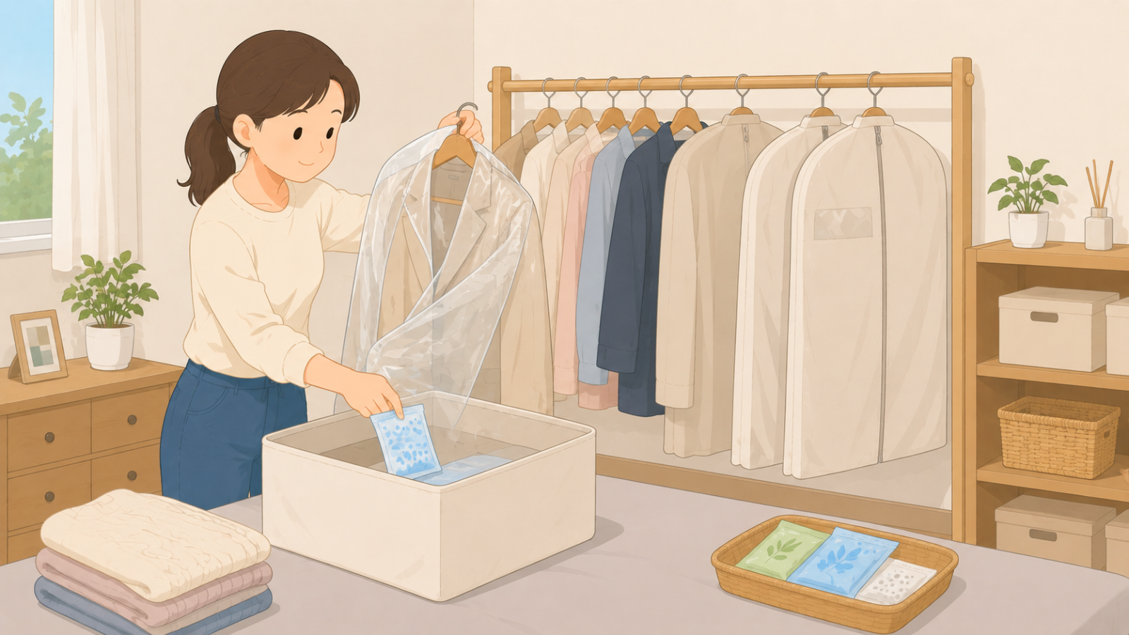 クリーニングのビニール袋を外して服を不織布カバーに掛け替え、防虫剤を入れている女性のイラスト
