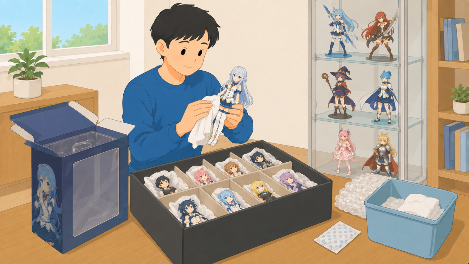 フィギュアを布で拭いて緩衝材で包み、仕切りのある箱に並べている男性のイラスト