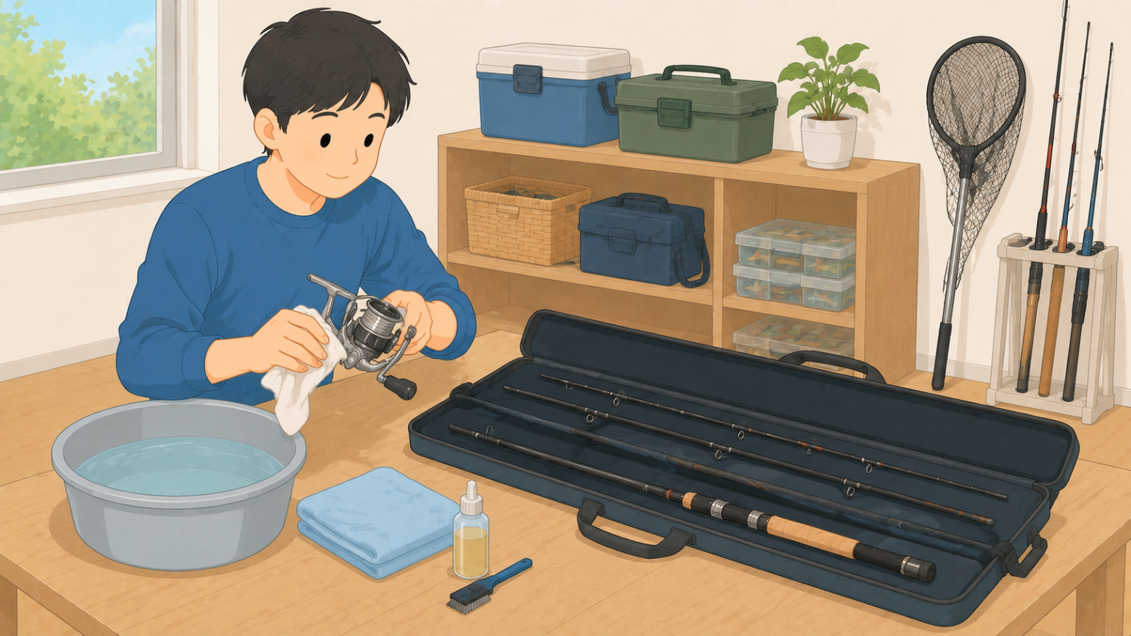 リールを真水で洗って拭き、長いロッドを分解してケースに収めている男性のイラスト
