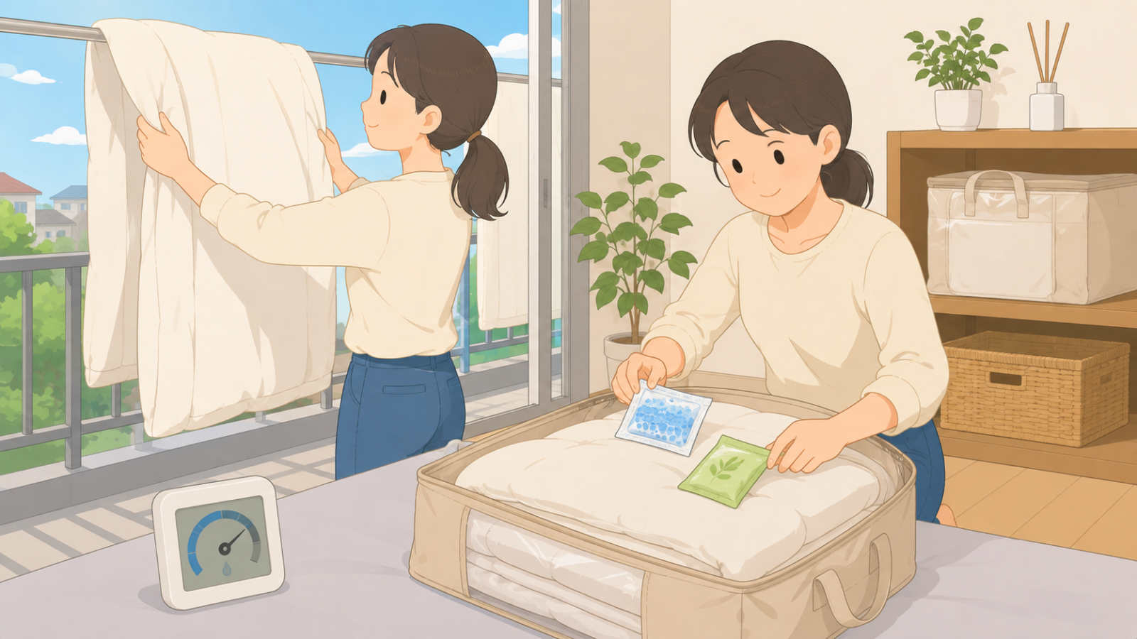 ベランダで布団を干し、除湿剤と防虫剤を入れて収納袋にしまっているイラスト