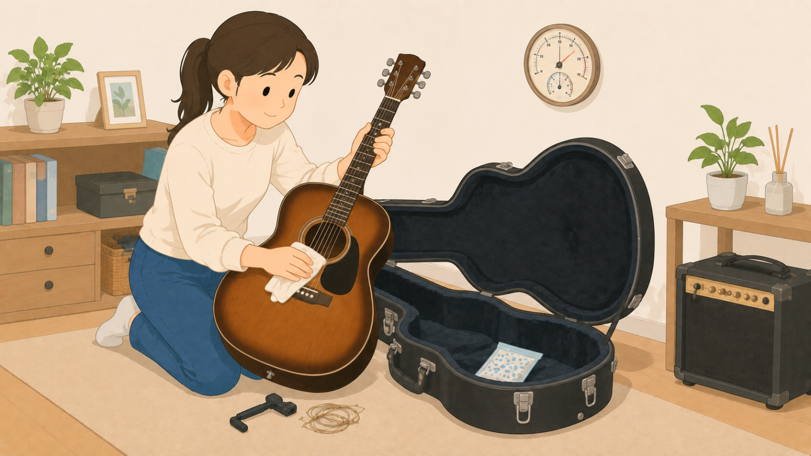 ギターの弦をゆるめて本体を拭き、ケースに湿度調整剤を入れている女性のイラスト