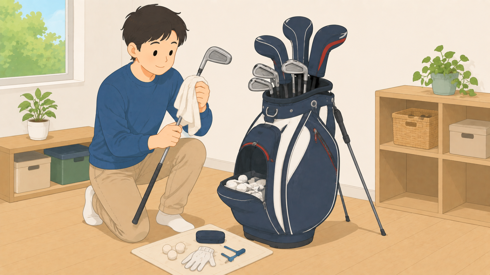クラブを拭いてヘッドカバーをかけ、バッグから小物を取り出している男性のイラスト