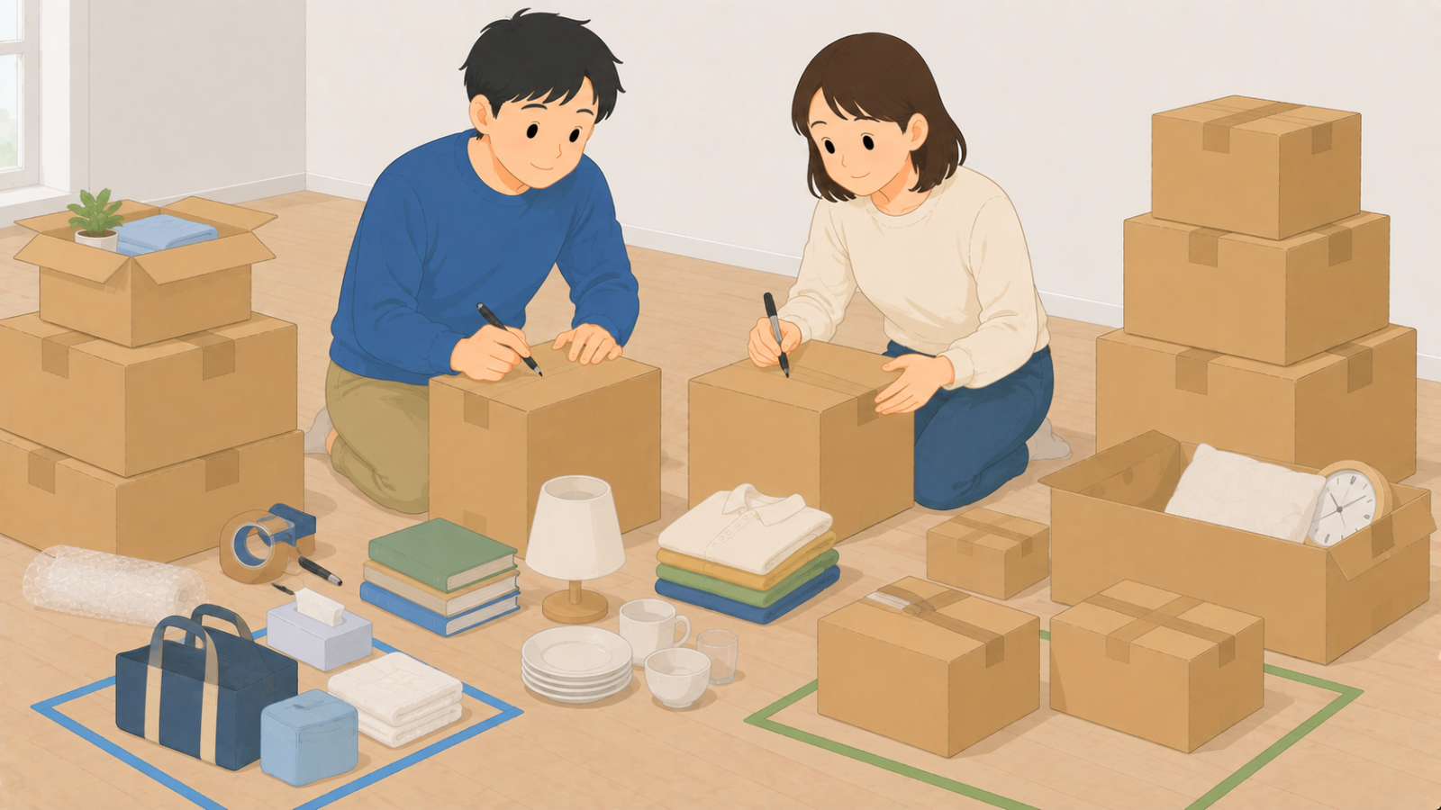 段ボールに中身を書き、すぐ使う箱と預ける箱を分けている夫婦のイラスト