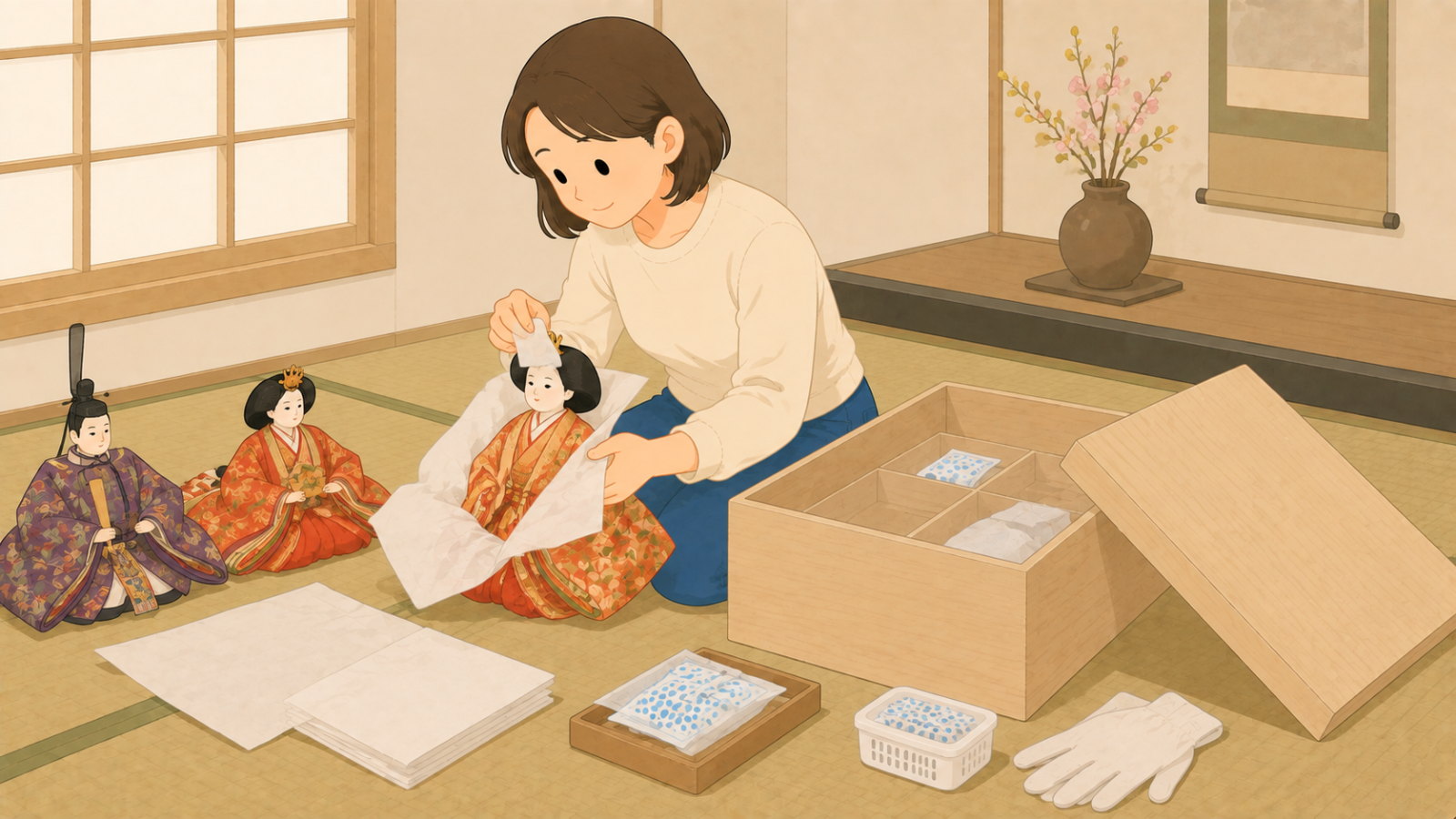 人形の顔に見紙を当てて柔らかい紙で包み、桐箱に防虫剤を入れている女性のイラスト