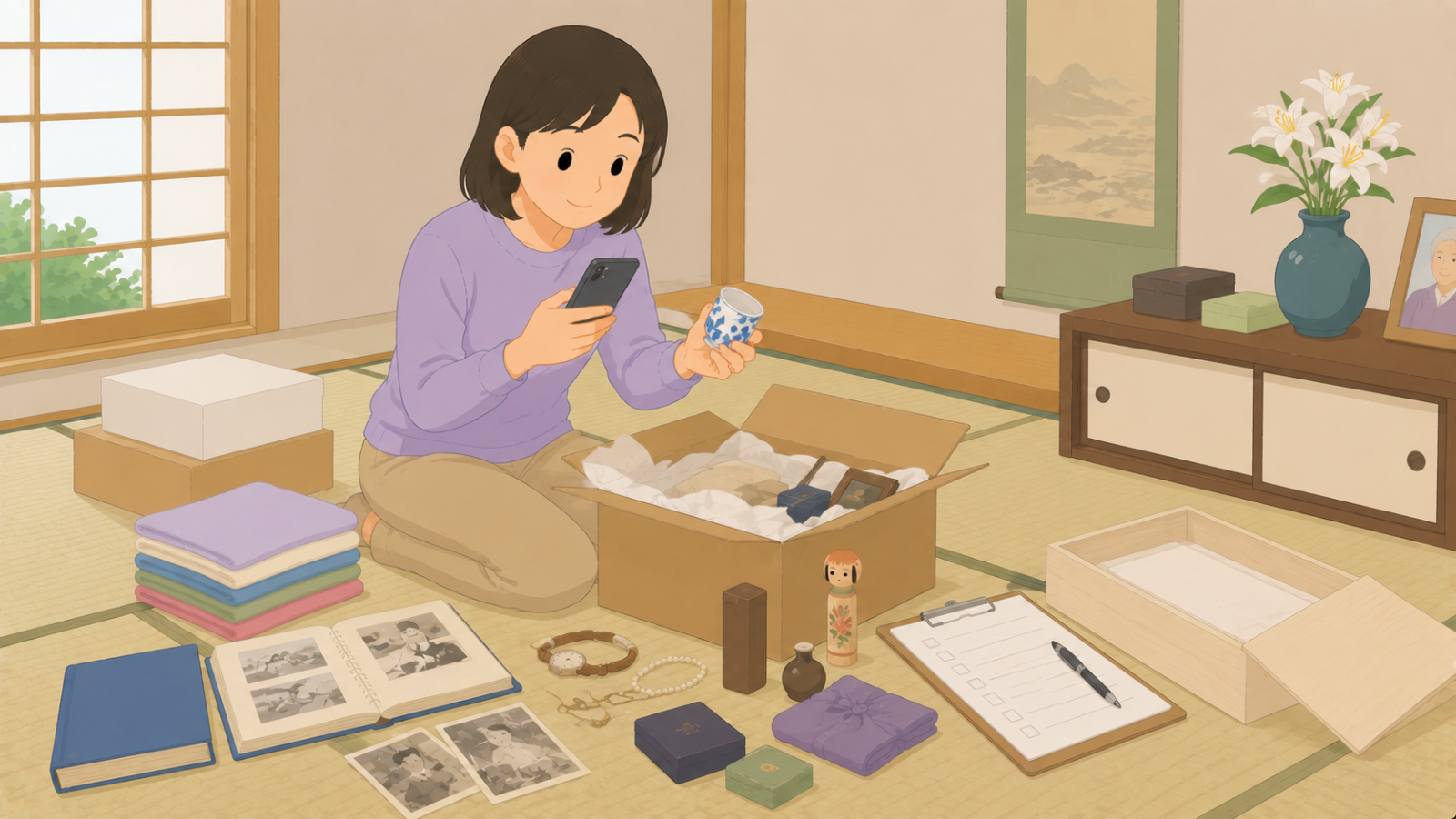 遺品を一点ずつ写真に撮って記録し、箱に入れている女性のイラスト