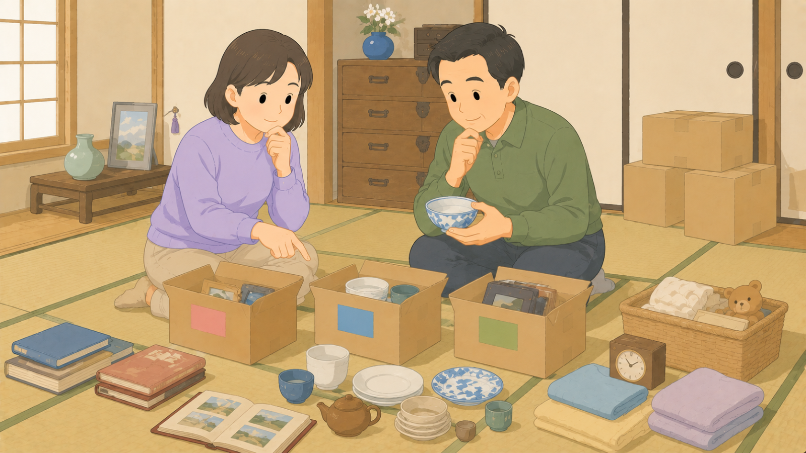 和室で荷物を残す・預ける・手放すの三つに分けて相談している姉弟のイラスト
