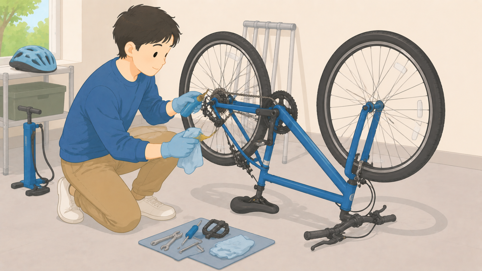 自転車のペダルを外し、チェーンに油をさしてタイヤの空気を抜いている男性のイラスト