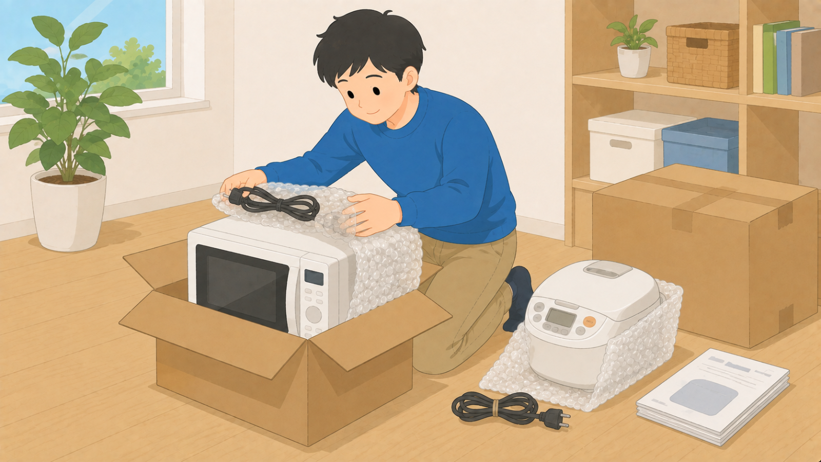 電子レンジと炊飯器のコードをまとめて緩衝材で包み、元箱に入れている男性のイラスト