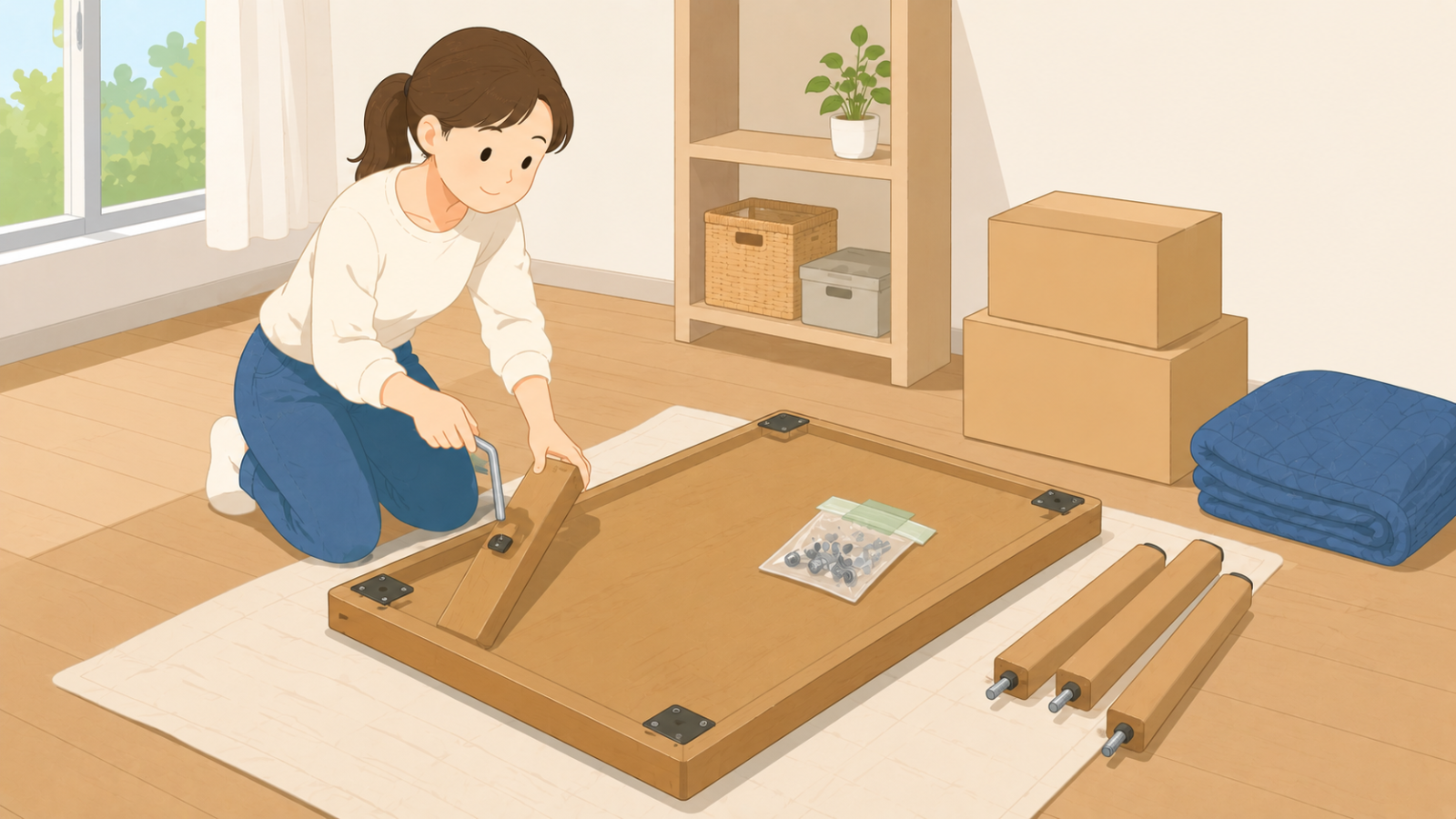 テーブルの脚を工具で外して分解し、ネジを小袋にまとめている女性のイラスト
