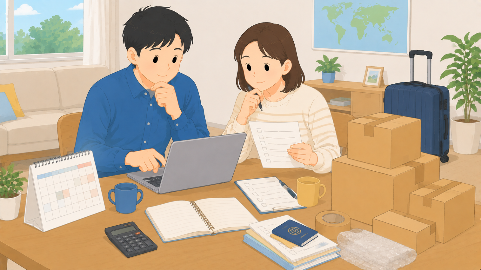 ノートパソコンで長期の料金を計算しながら預ける荷物のリストを確認している夫婦のイラスト