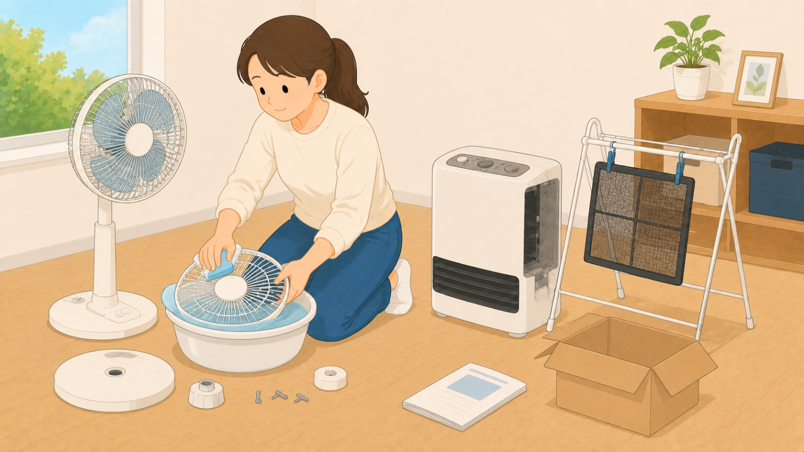 扇風機の羽根を外して洗い、ヒーターのフィルターを取り出している女性のイラスト