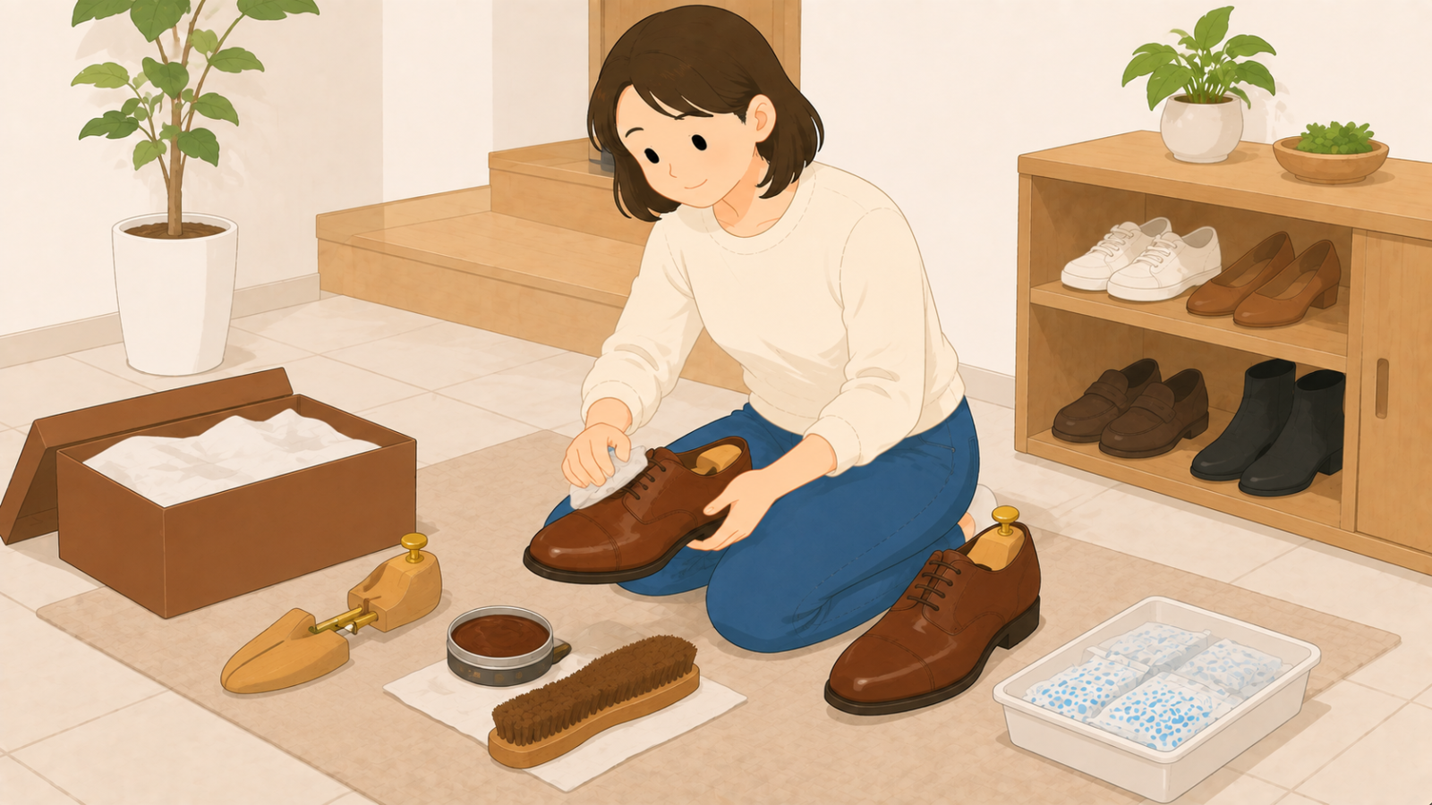 革靴にシューキーパーを入れて型を整え、クリームを塗っている女性のイラスト