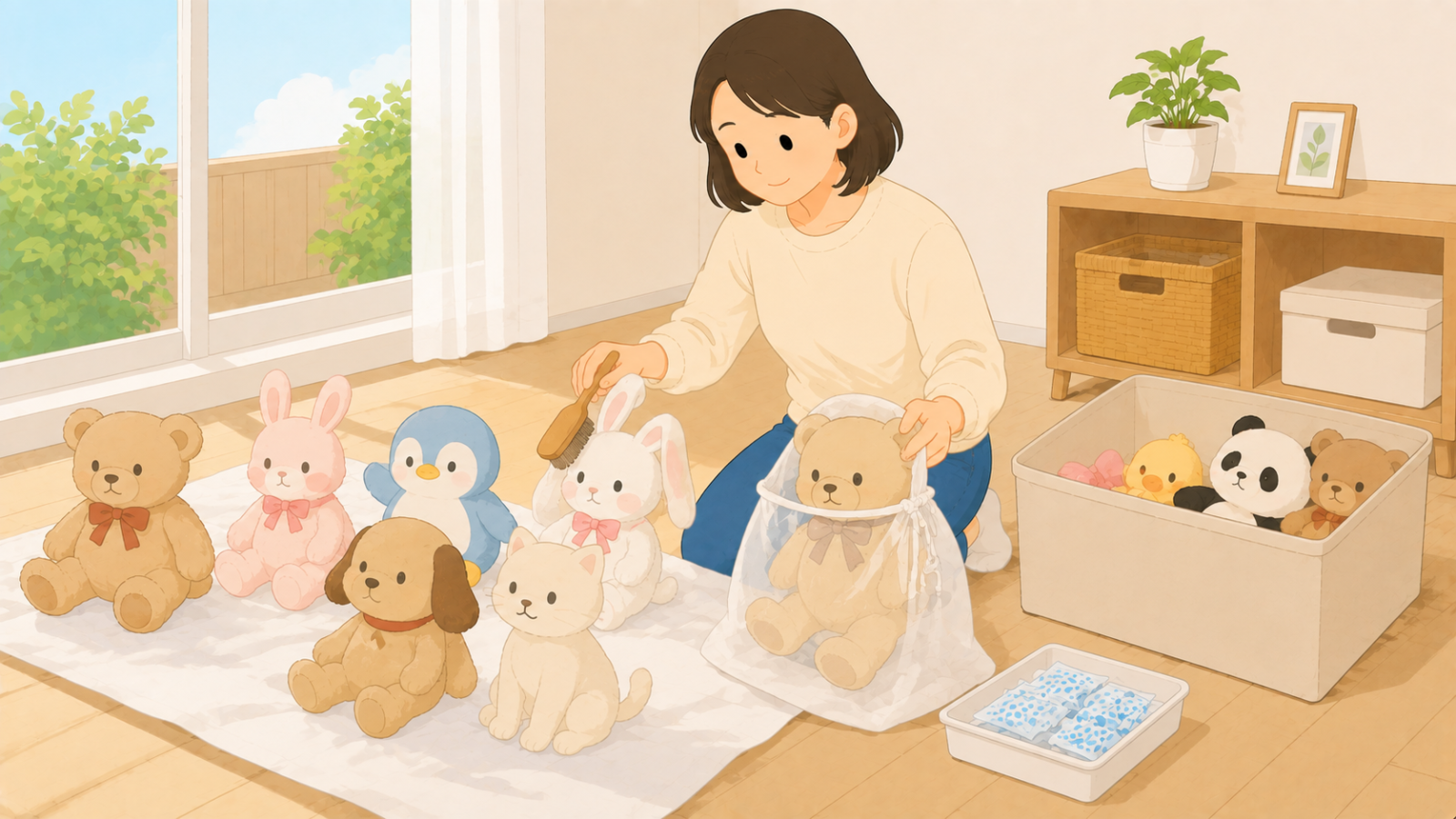 ぬいぐるみをブラシで整えて天日干しし、不織布の袋に入れている女性のイラスト